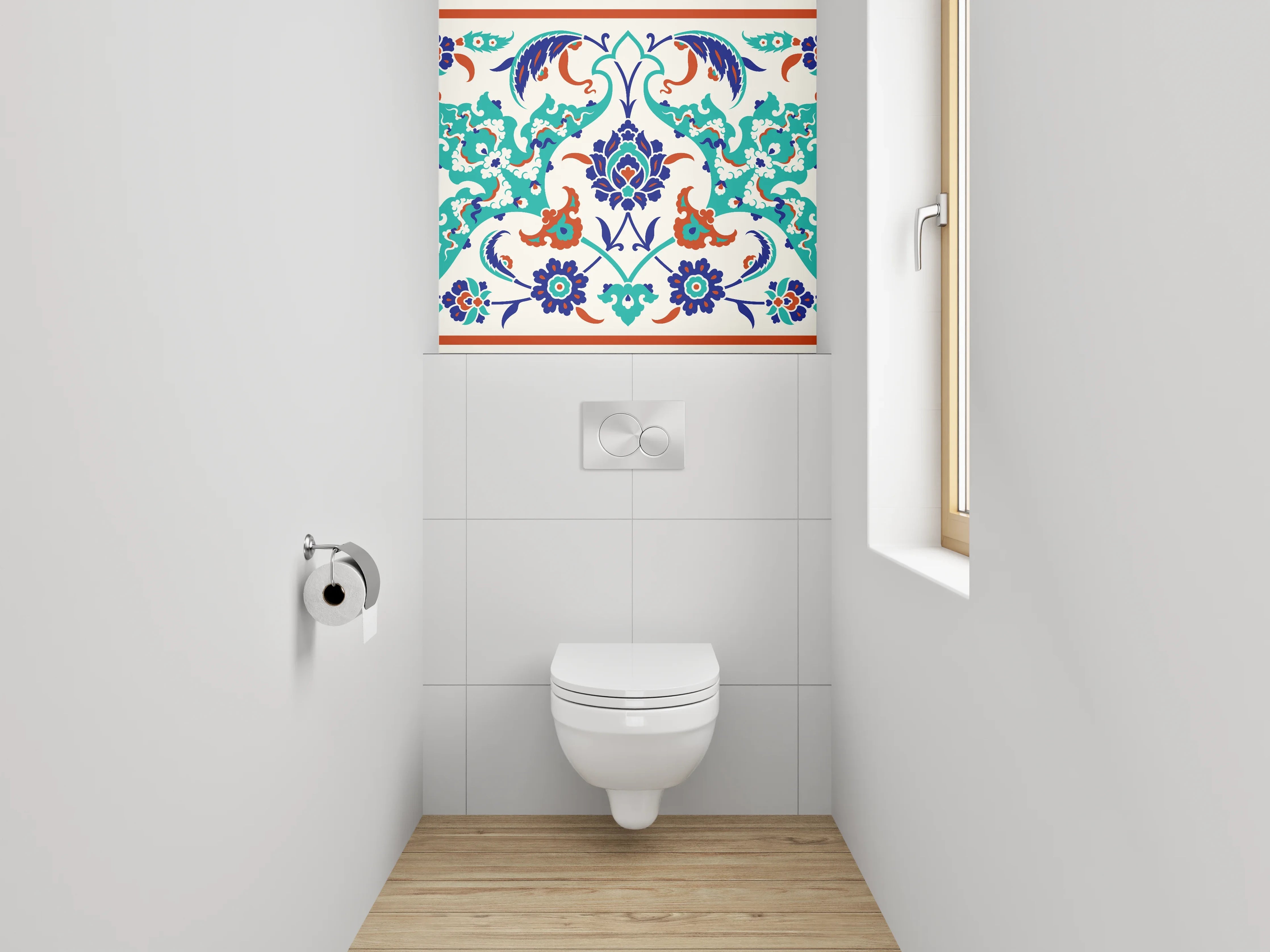 WC-Rückwand - Orientalisches Fliesenmuster Bunt Blau Rot