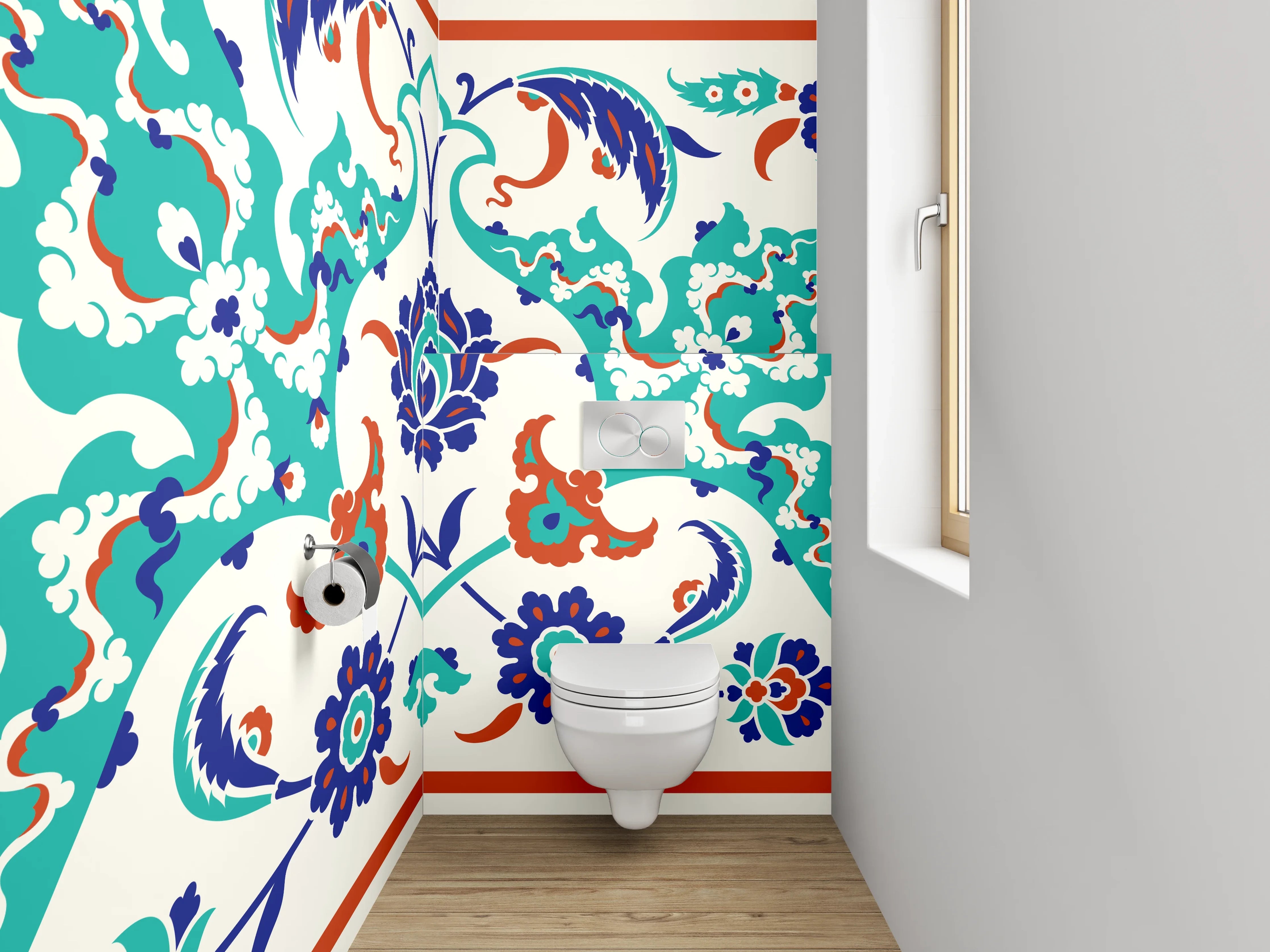 WC-Rückwand - Orientalisches Fliesenmuster Bunt Blau Rot