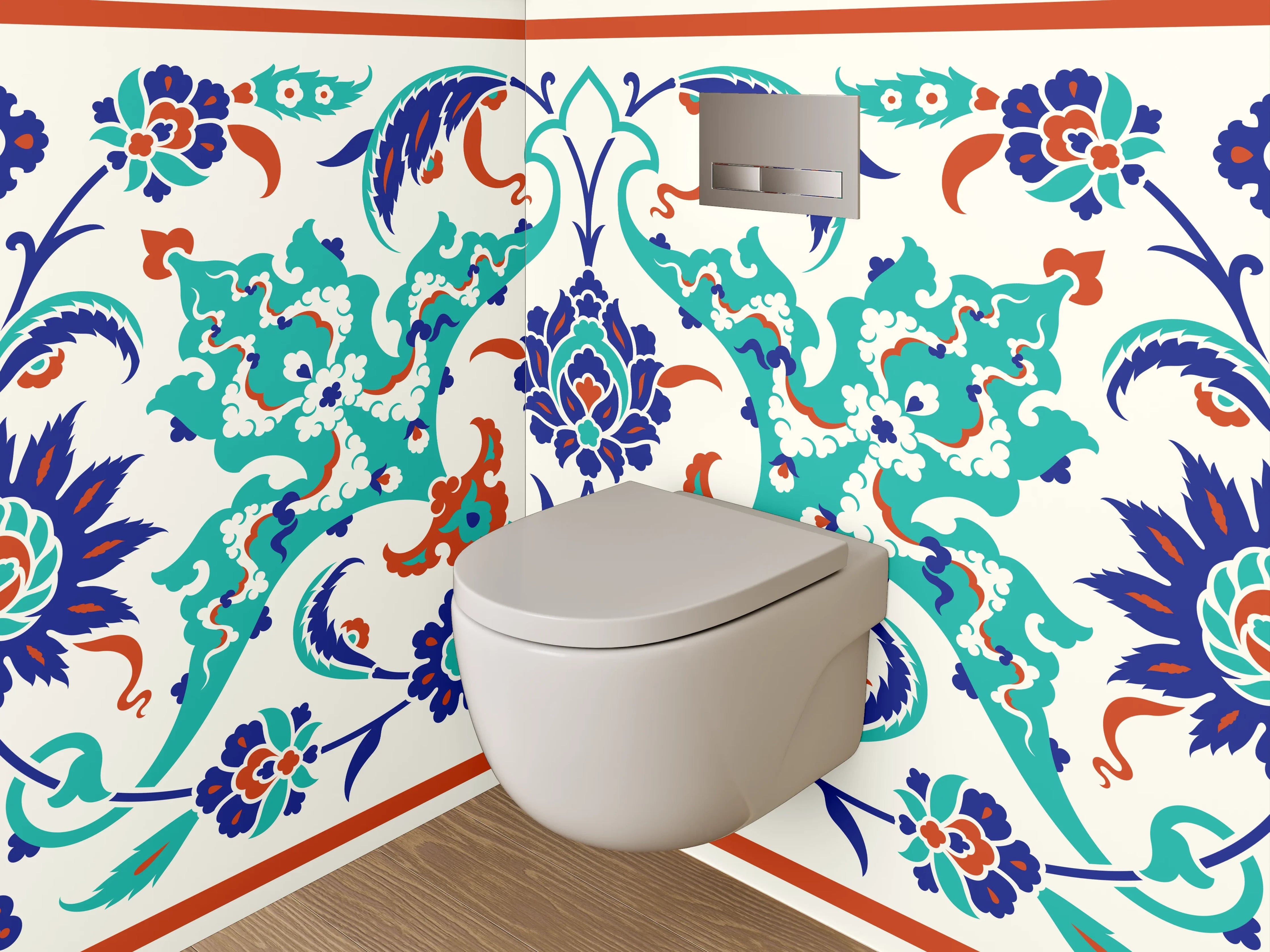 WC-Rückwand - Orientalisches Fliesenmuster Bunt Blau Rot