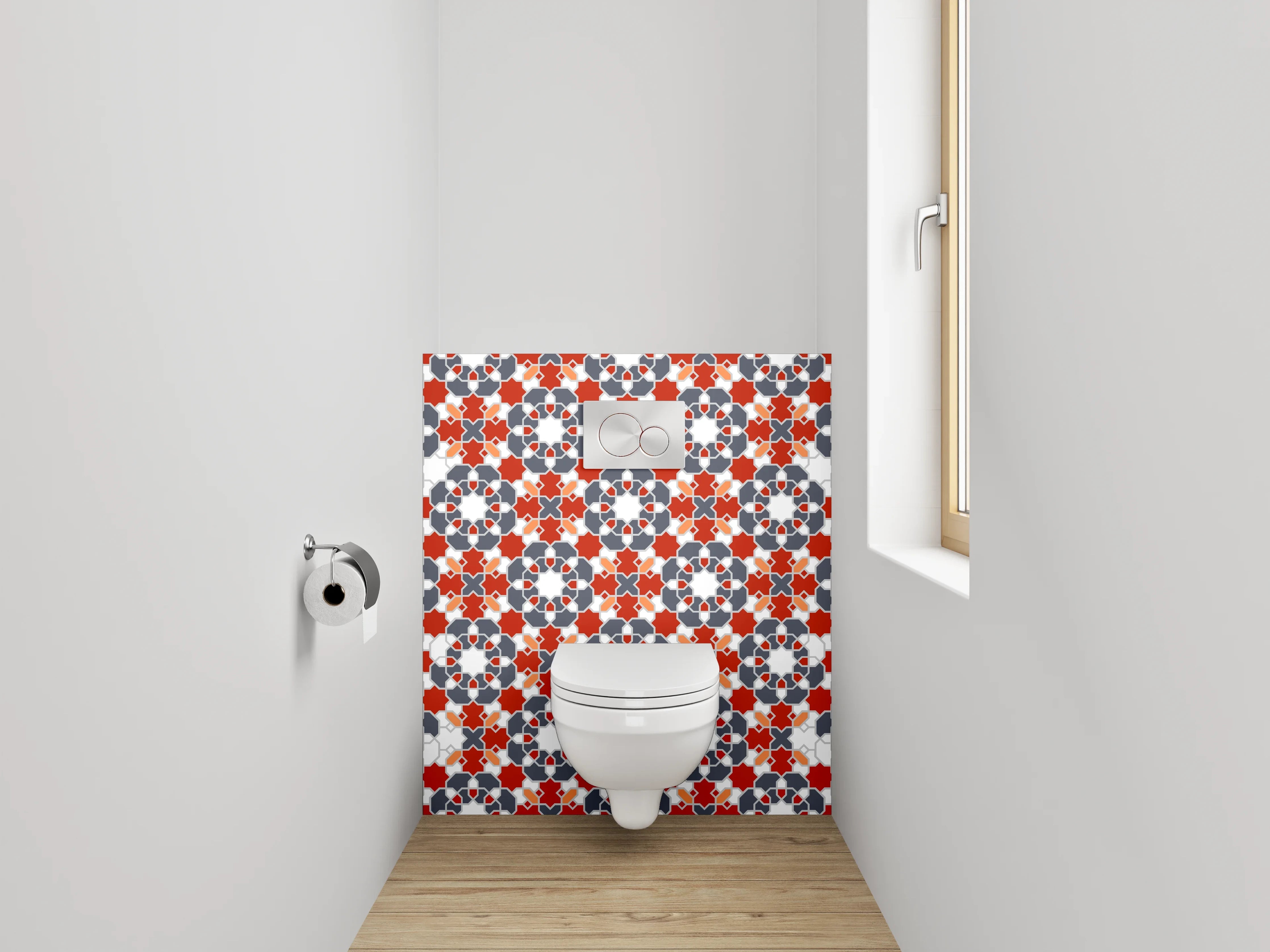 WC-Rückwand - Orientalisches Fliesenmuster Rot Grau