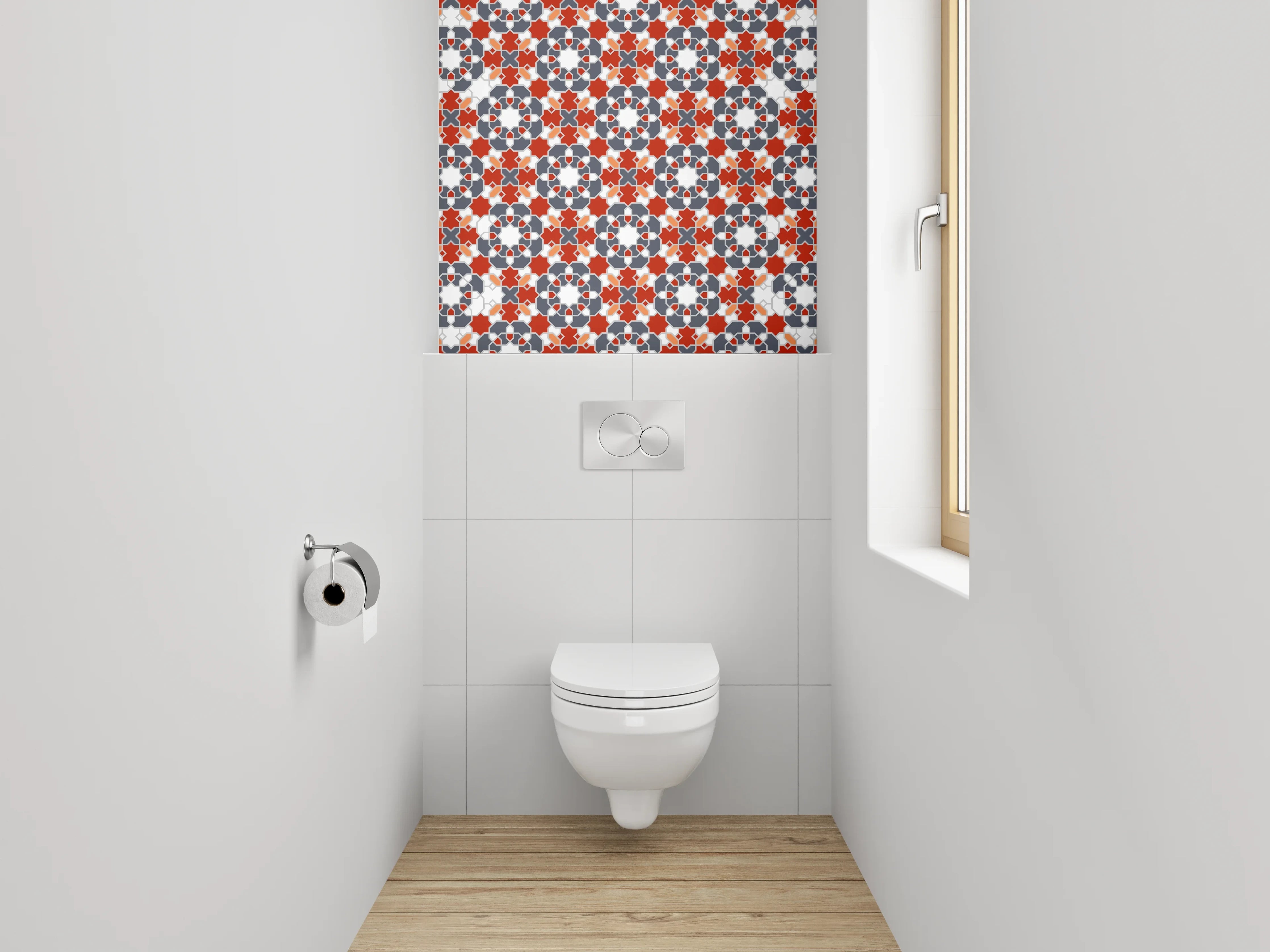 WC-Rückwand - Orientalisches Fliesenmuster Rot Grau