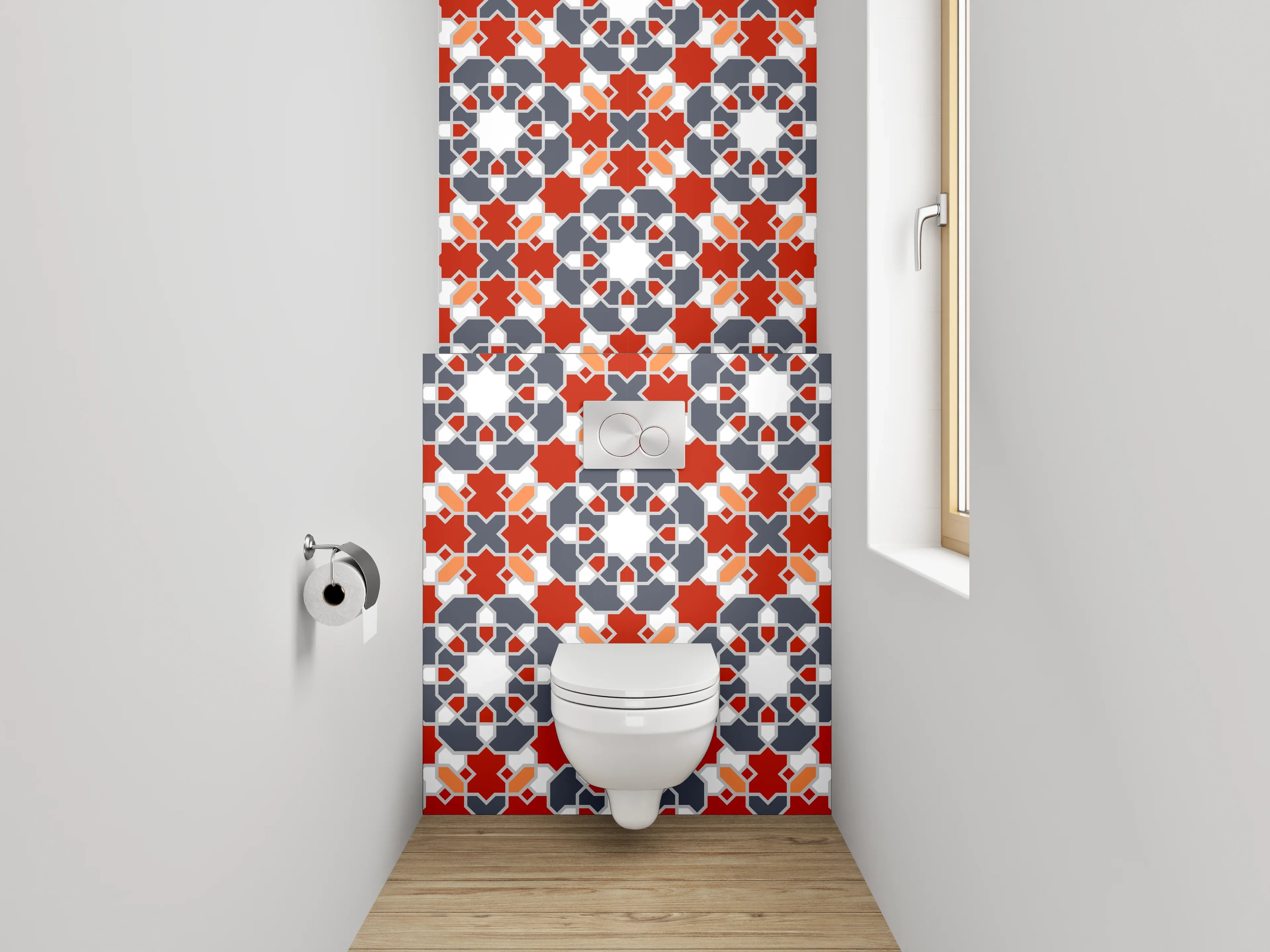 WC-Rückwand - Orientalisches Fliesenmuster Rot Grau