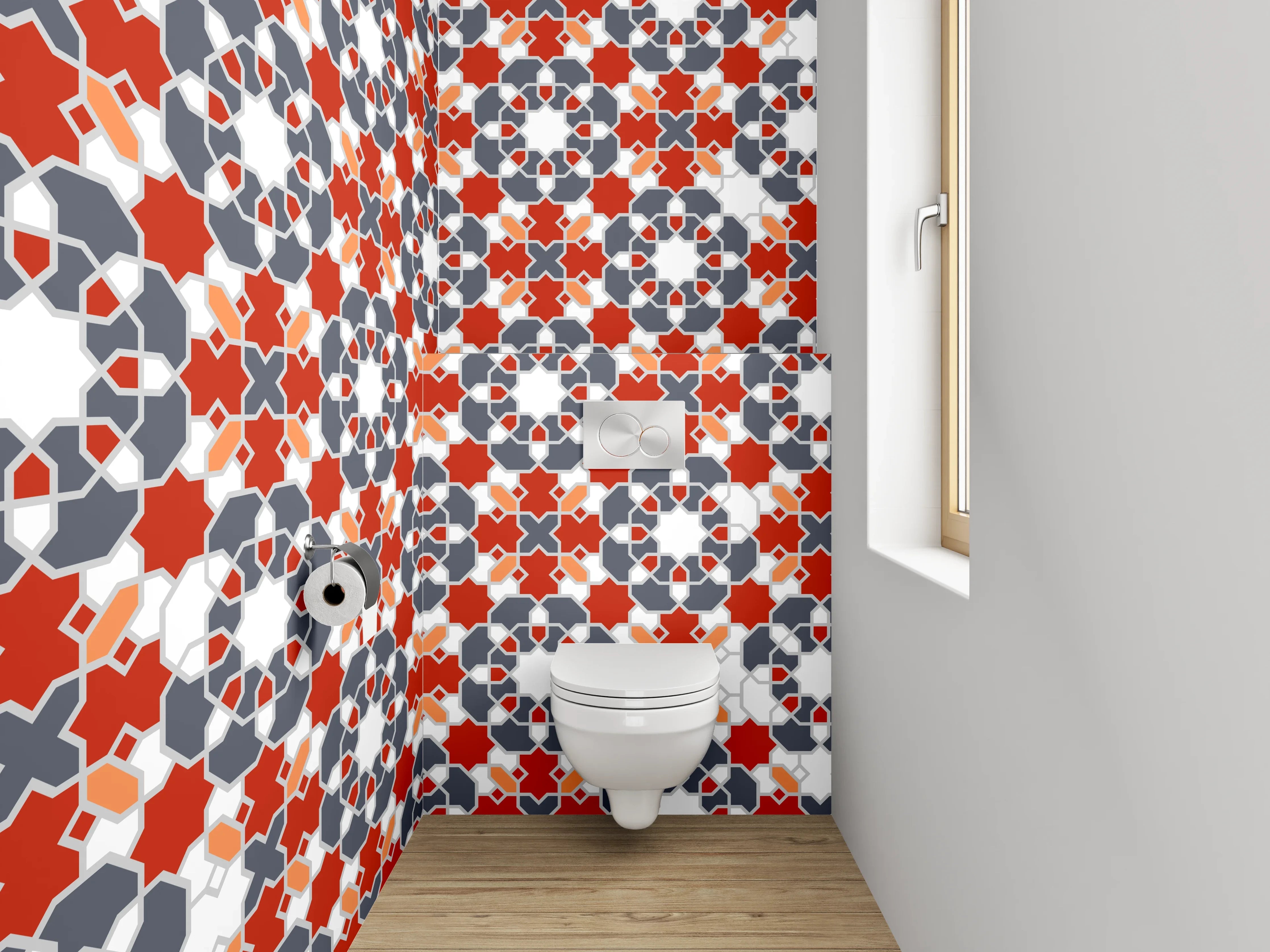 WC-Rückwand - Orientalisches Fliesenmuster Rot Grau