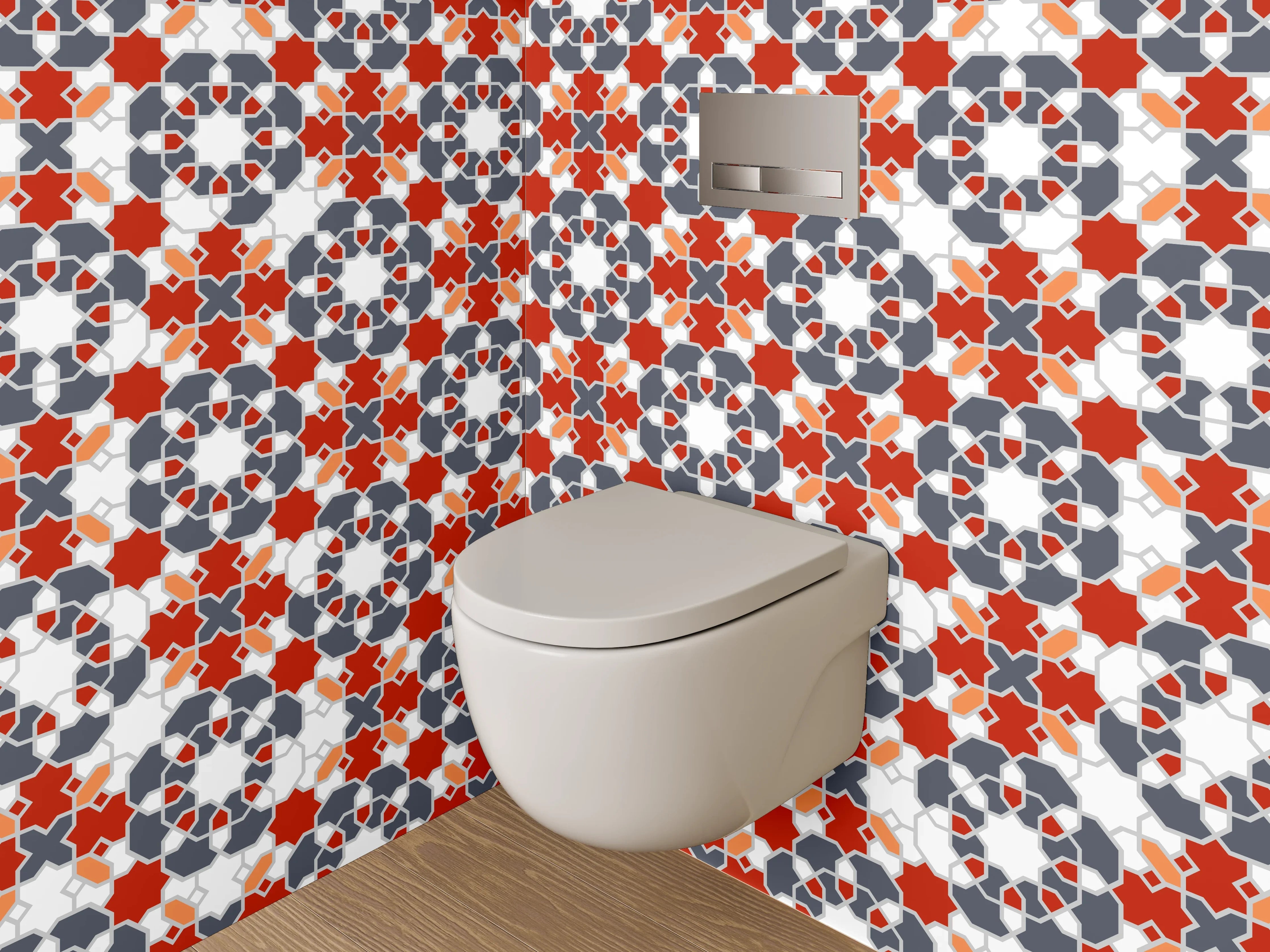 WC-Rückwand - Orientalisches Fliesenmuster Rot Grau