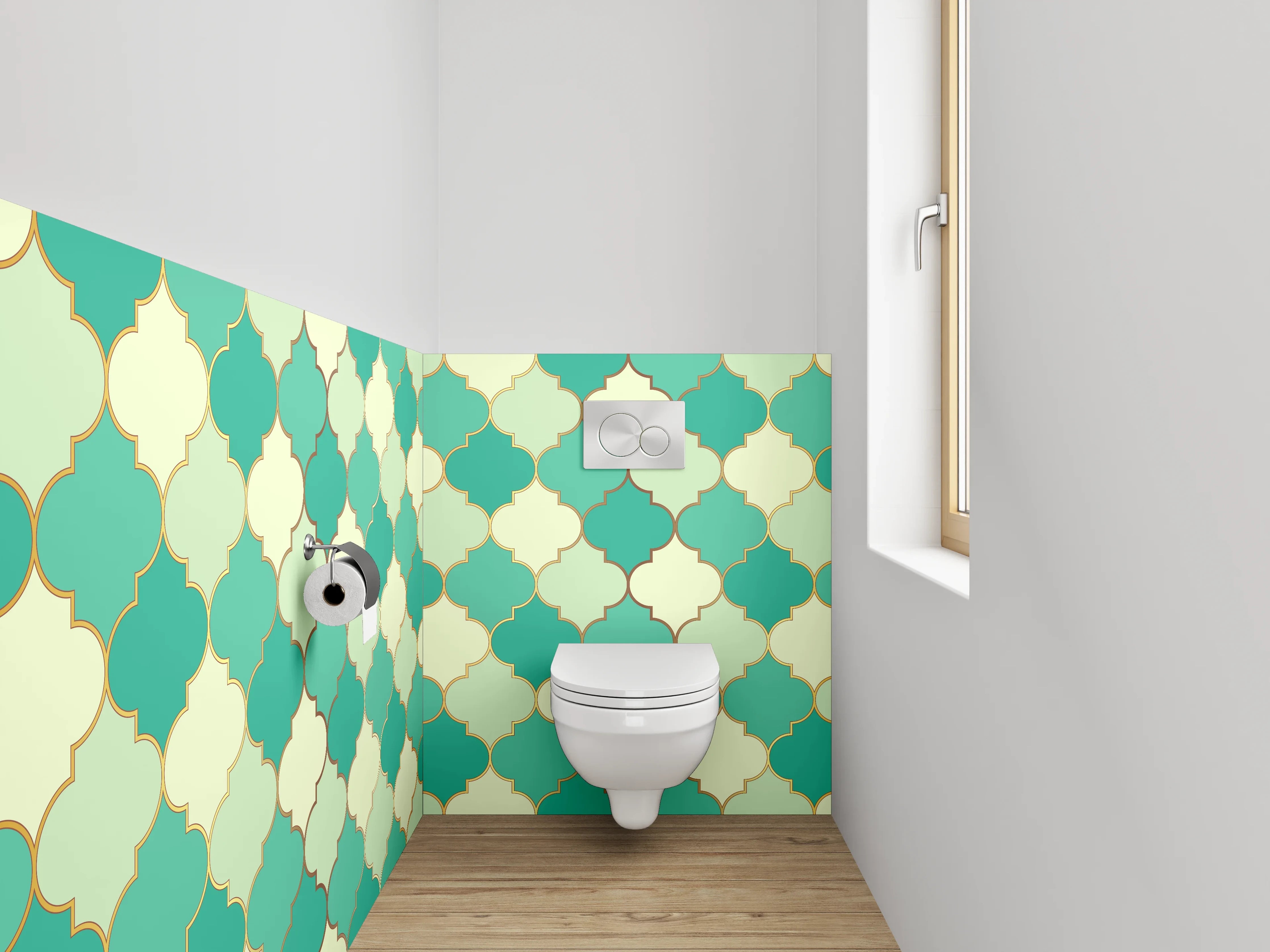 WC-Rückwand - Orientalisches Fliesenmuster Türkis-Grün-Gold