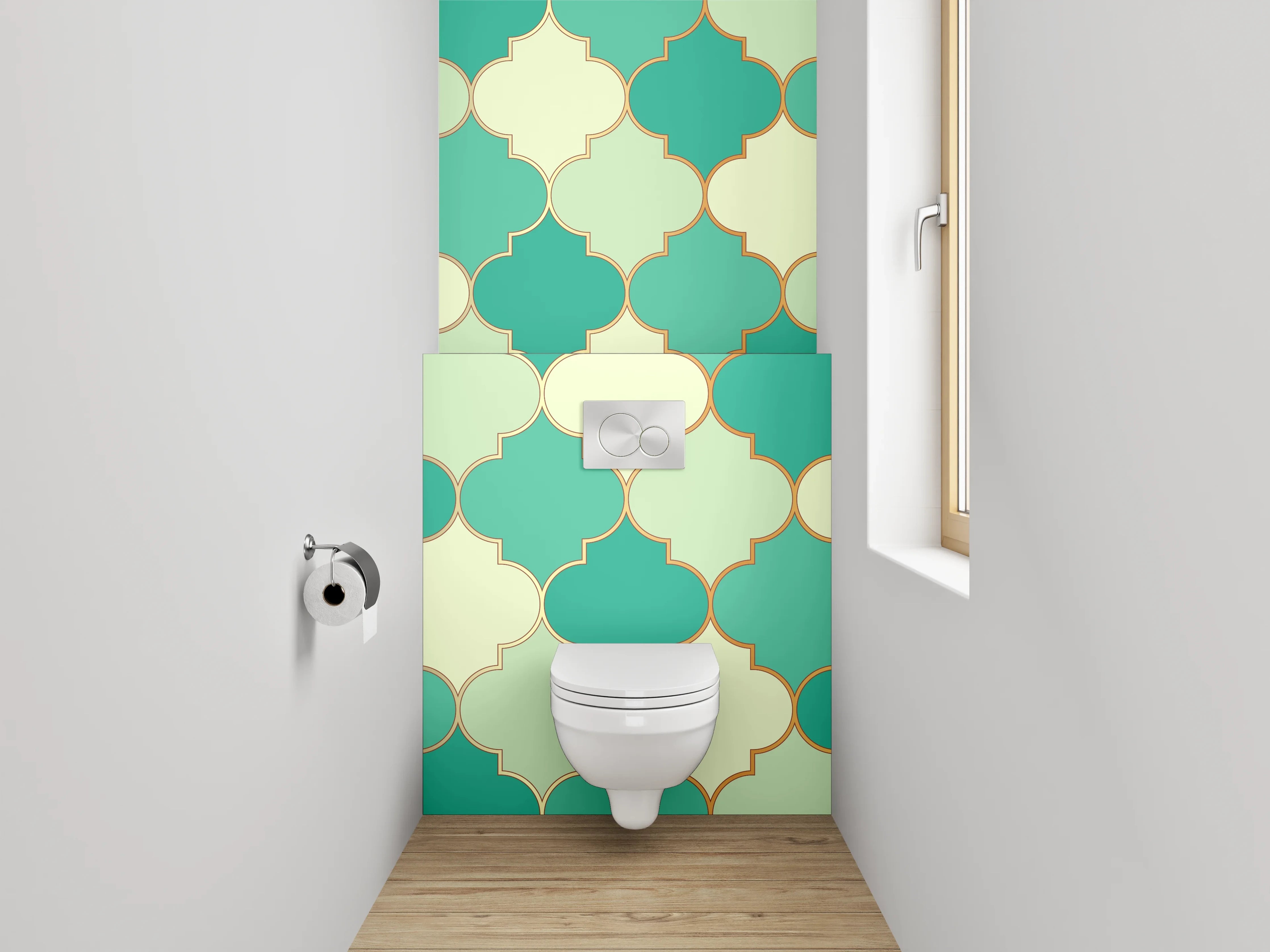 WC-Rückwand - Orientalisches Fliesenmuster Türkis-Grün-Gold