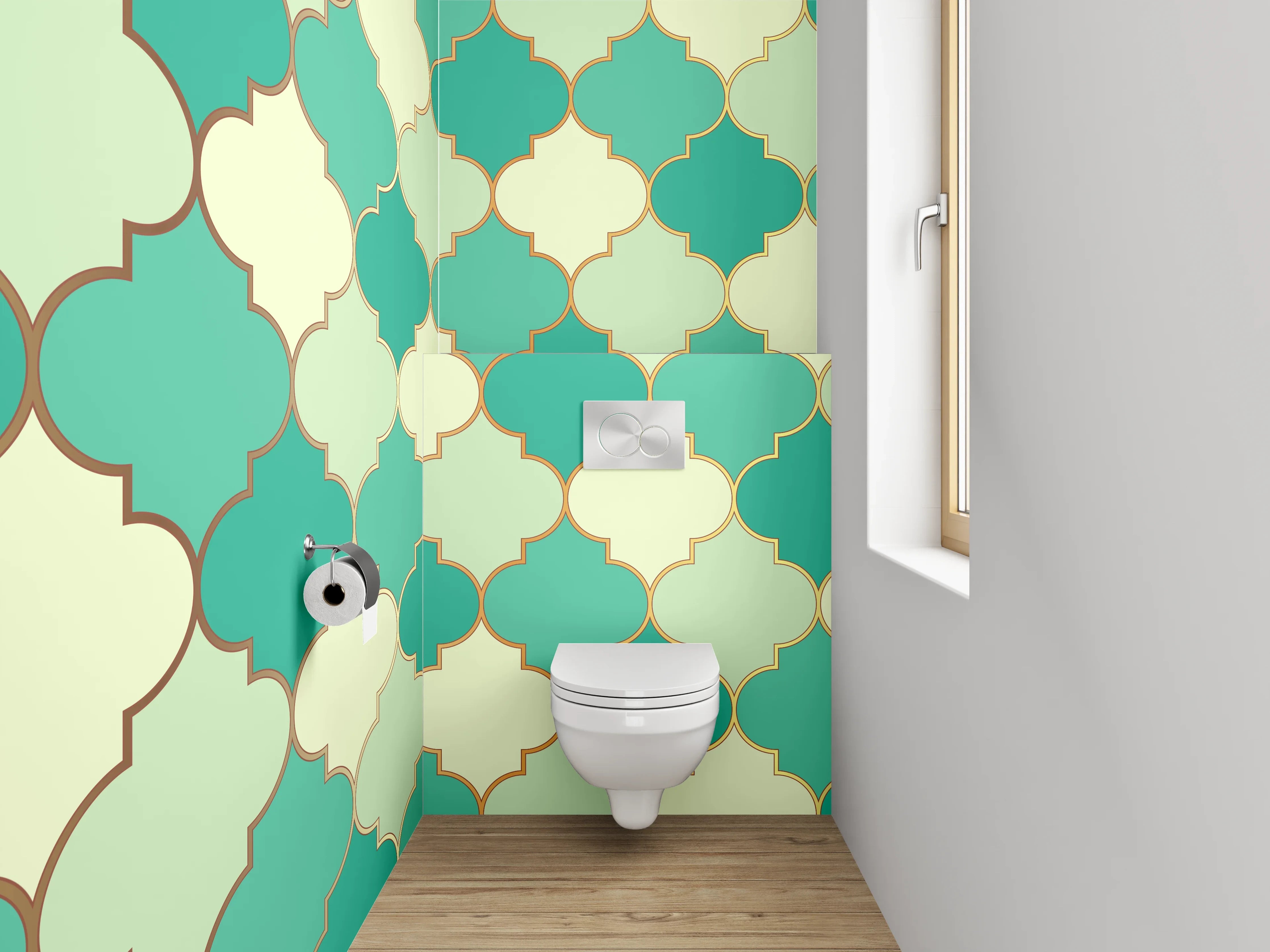 WC-Rückwand - Orientalisches Fliesenmuster Türkis-Grün-Gold