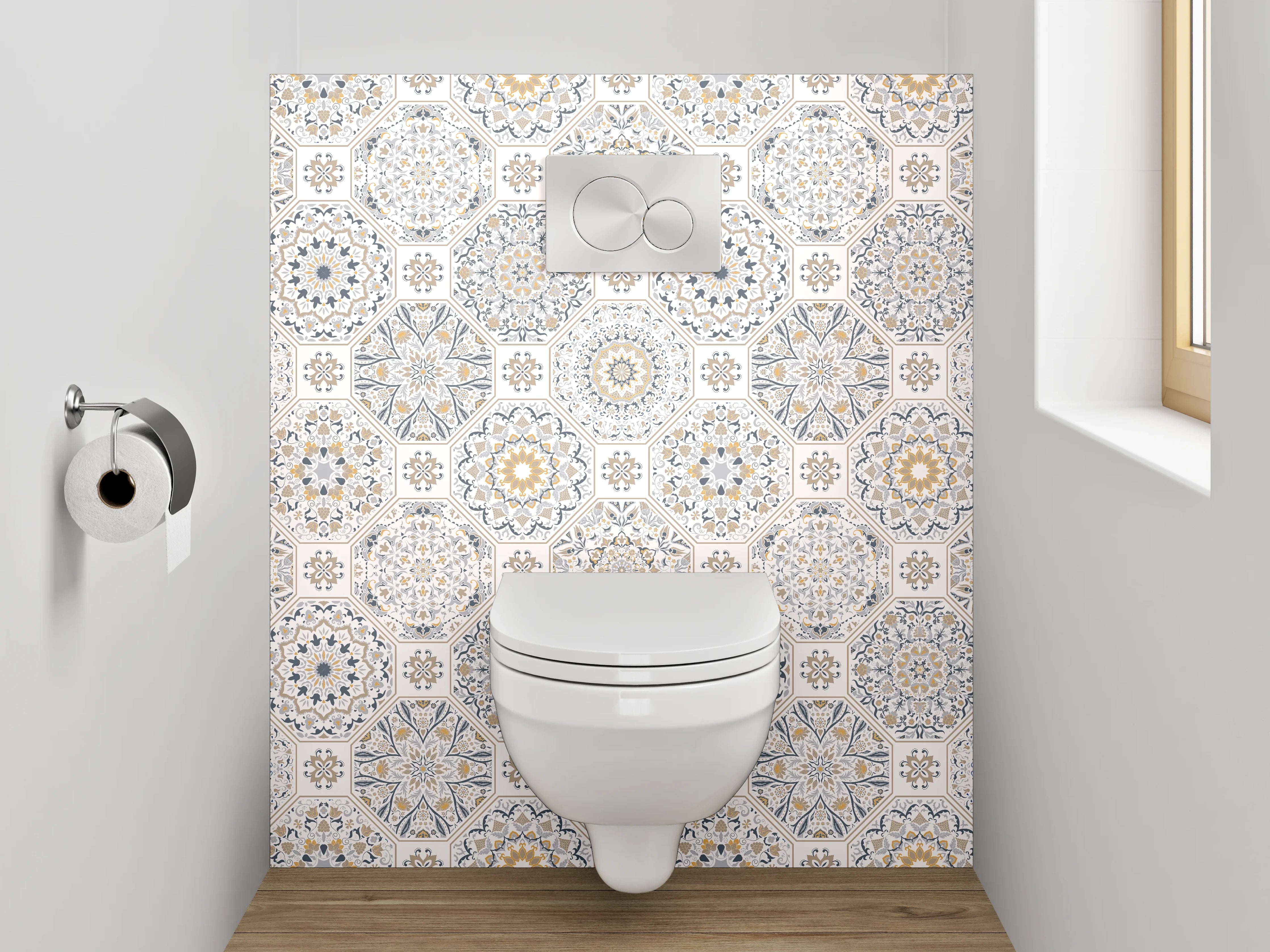 WC-Rückwand - Orientalisches Fliesenmuster in Beige und Grau