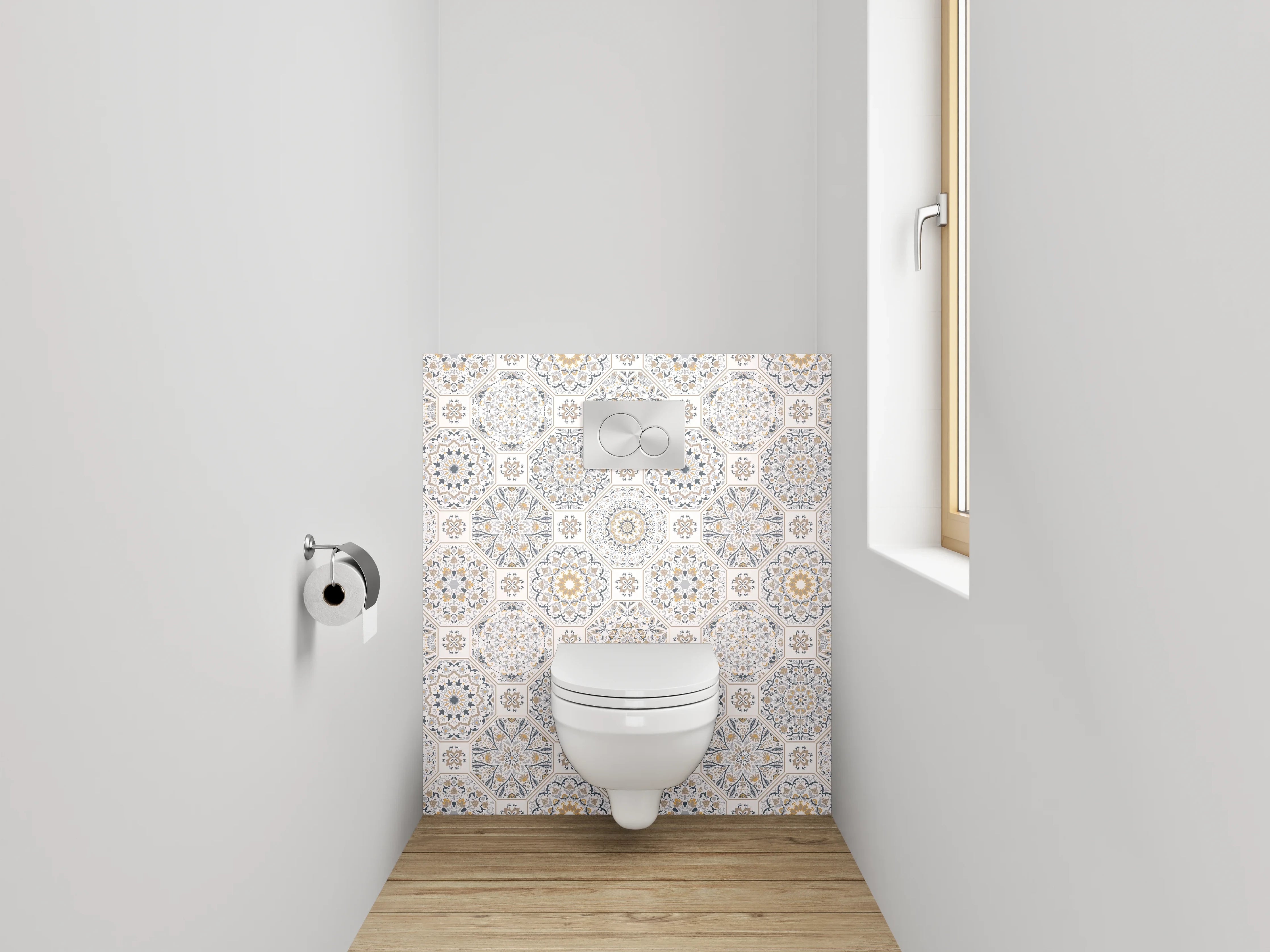 WC-Rückwand - Orientalisches Fliesenmuster in Beige und Grau