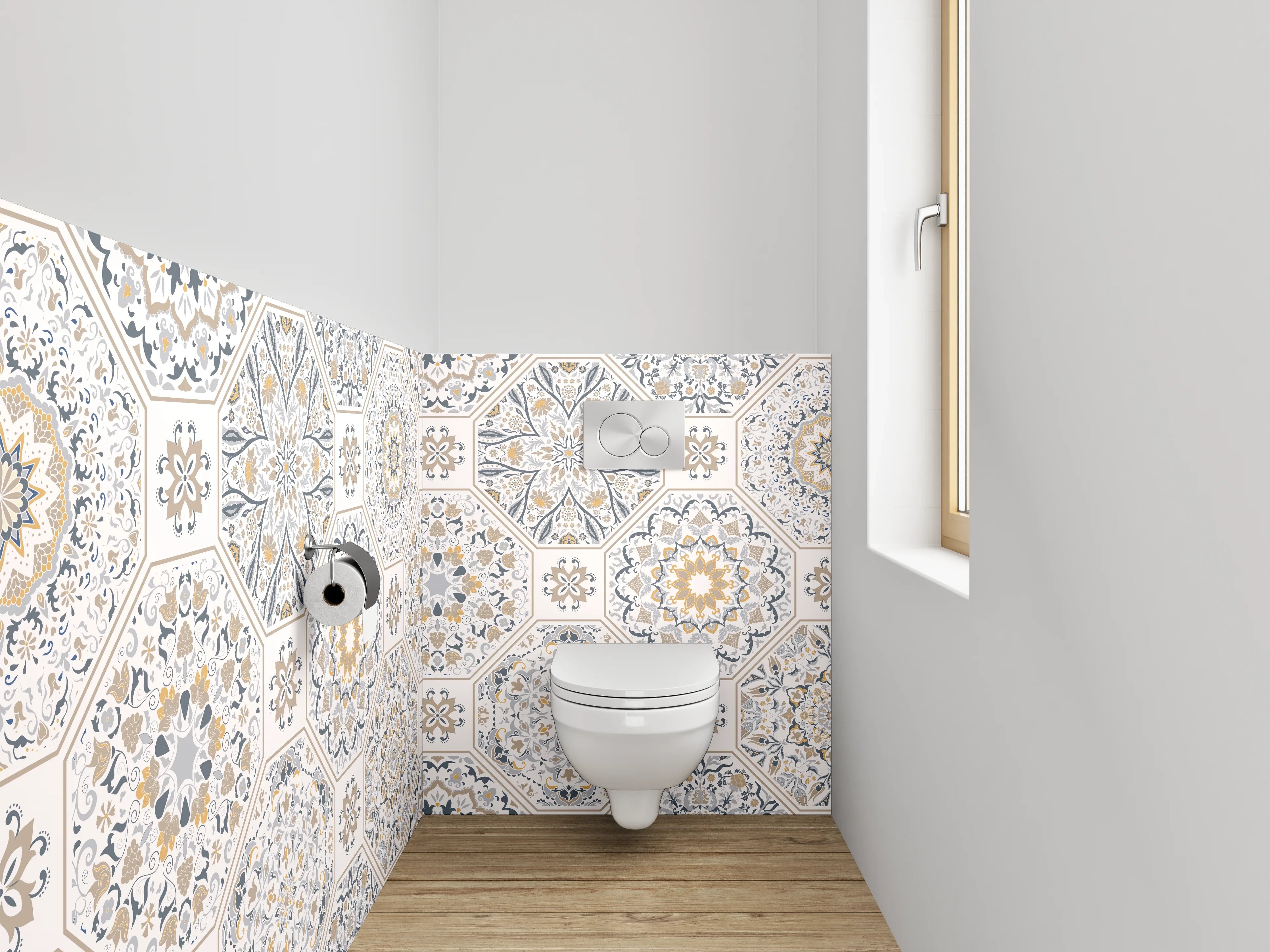 WC-Rückwand - Orientalisches Fliesenmuster in Beige und Grau