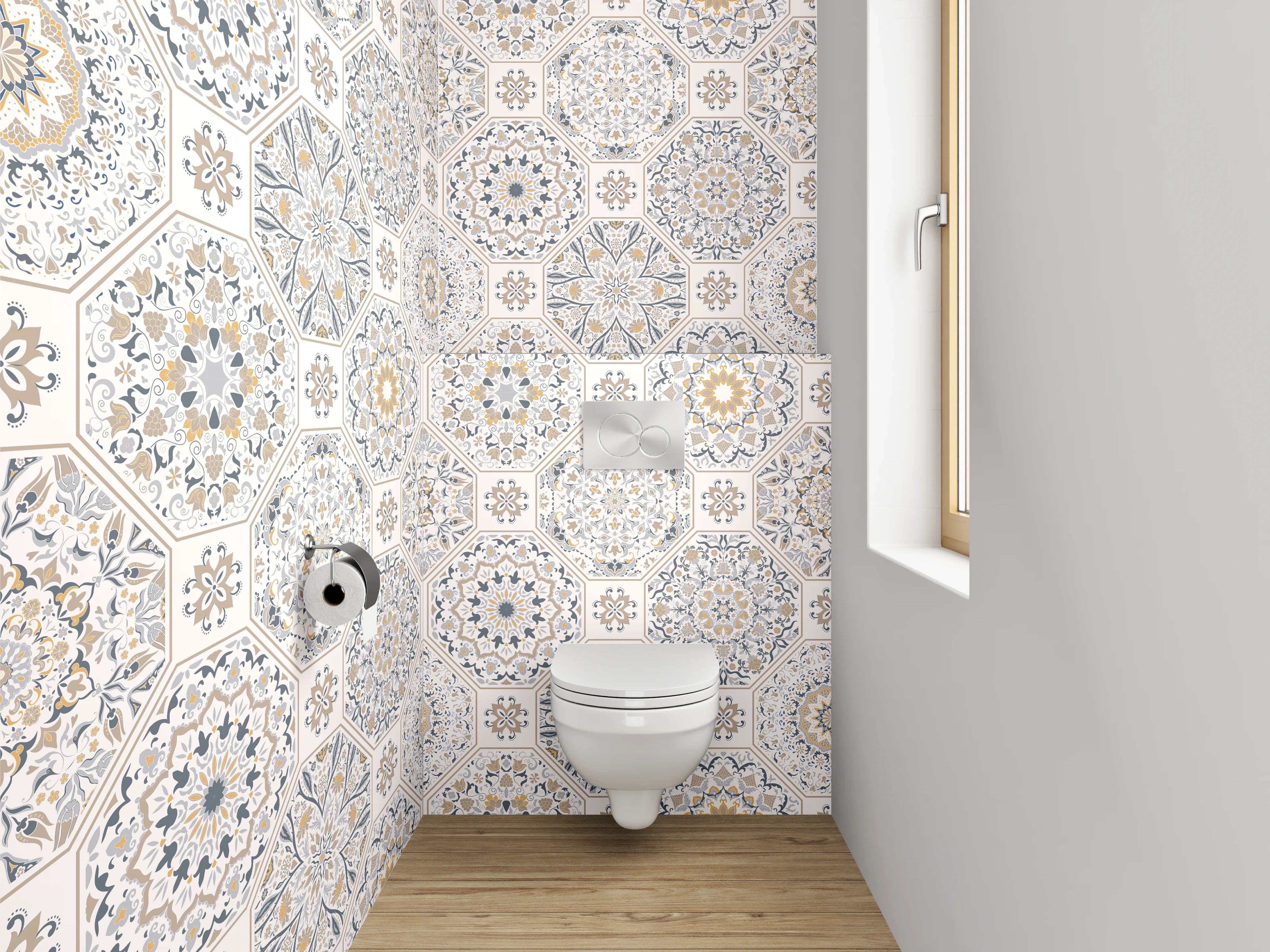 WC-Rückwand - Orientalisches Fliesenmuster in Beige und Grau