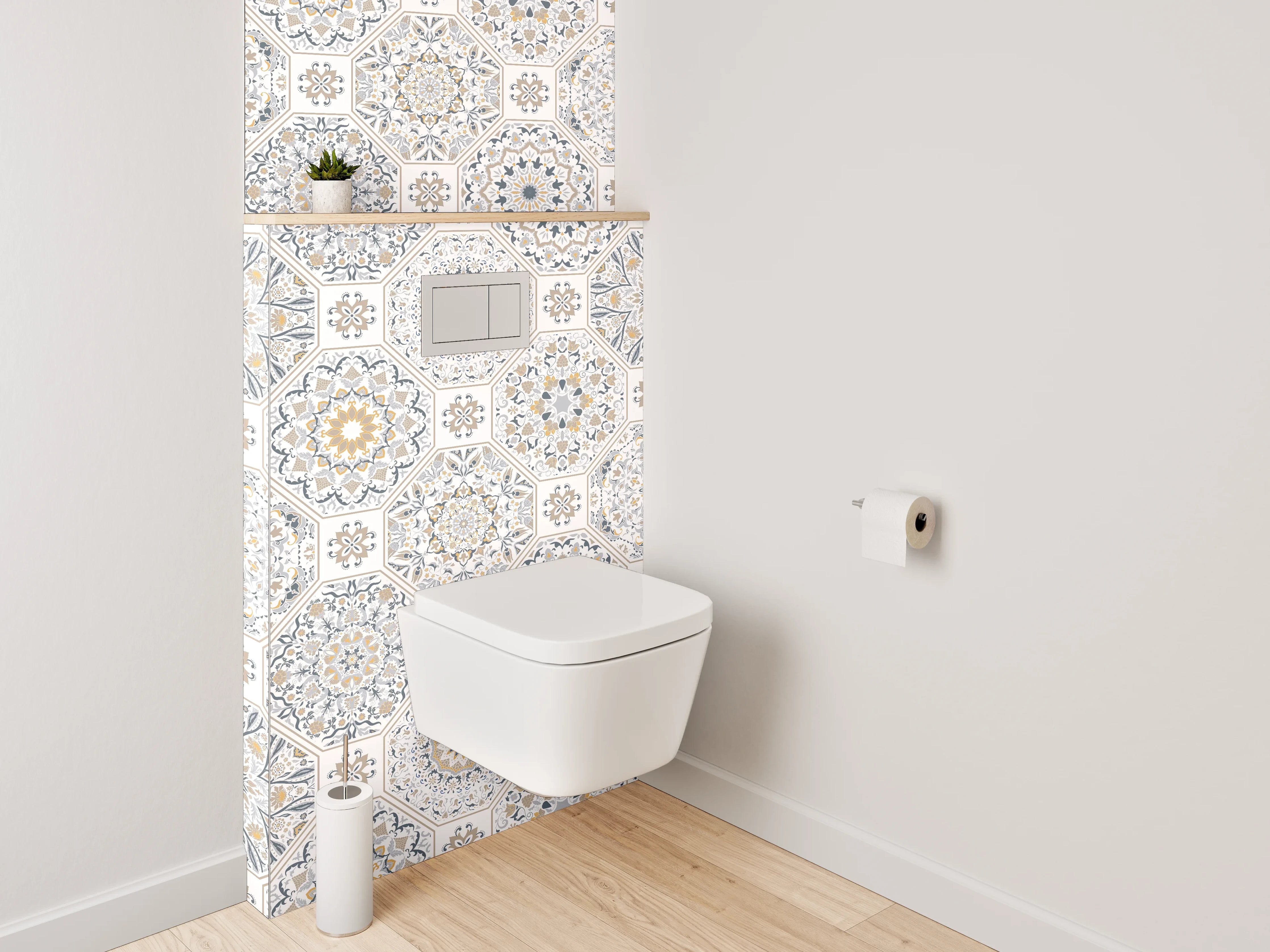 WC-Rückwand - Orientalisches Fliesenmuster in Beige und Grau