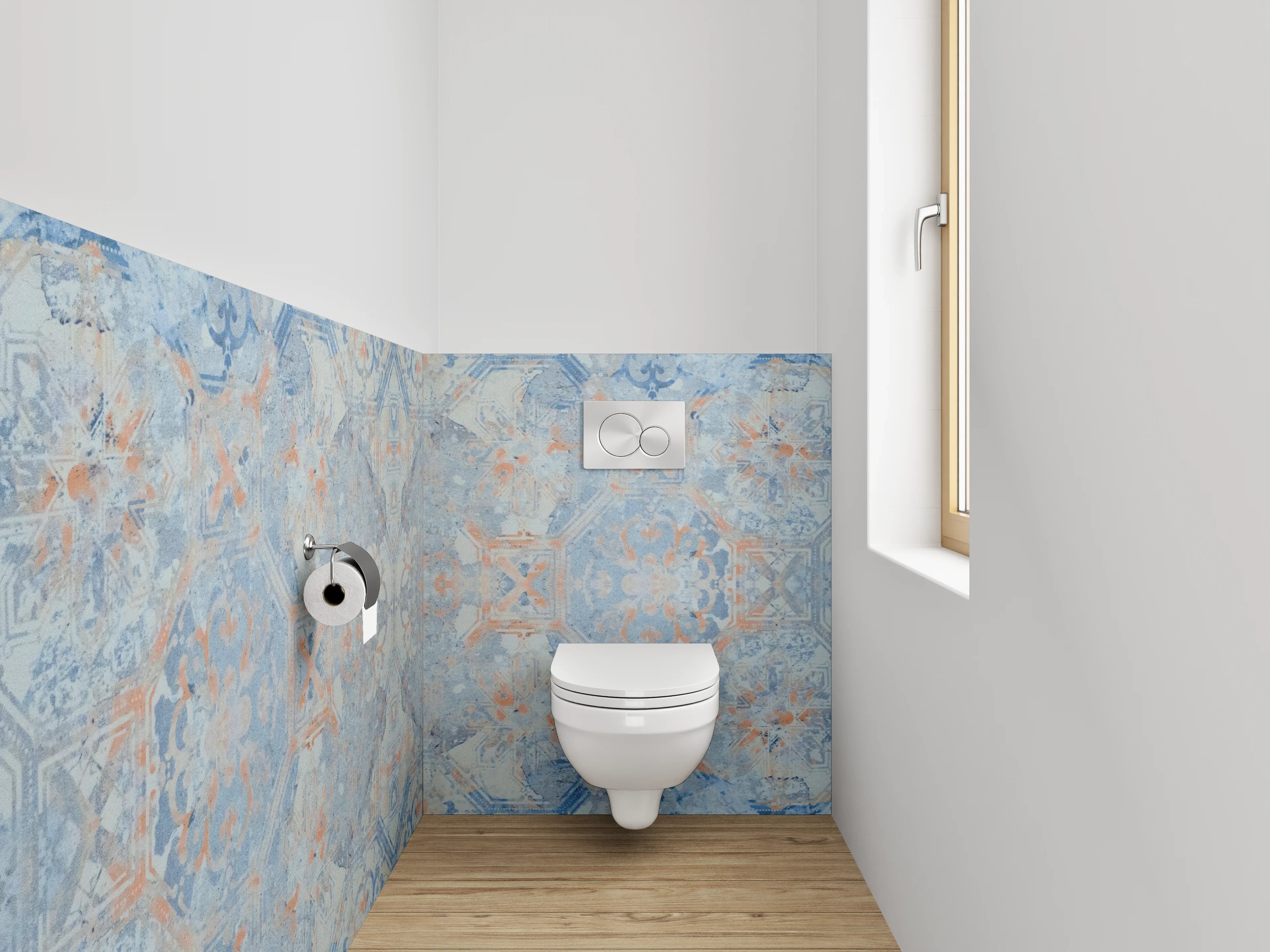 WC-Rückwand - Orientalisches Fliesenmuster in Blau und Orange