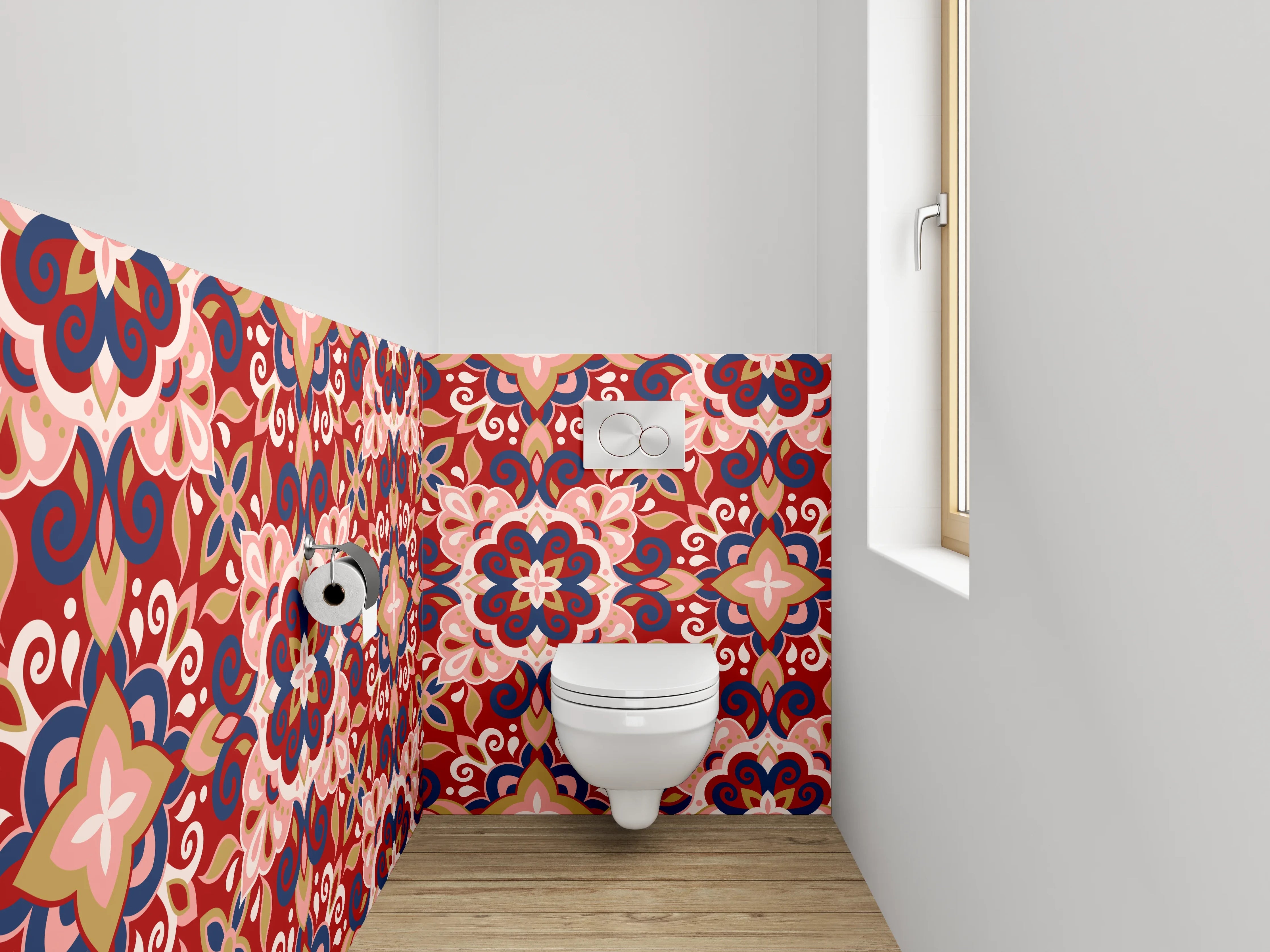 WC-Rückwand - Orientalisches Mosaik Blumenmuster Rot-Blau