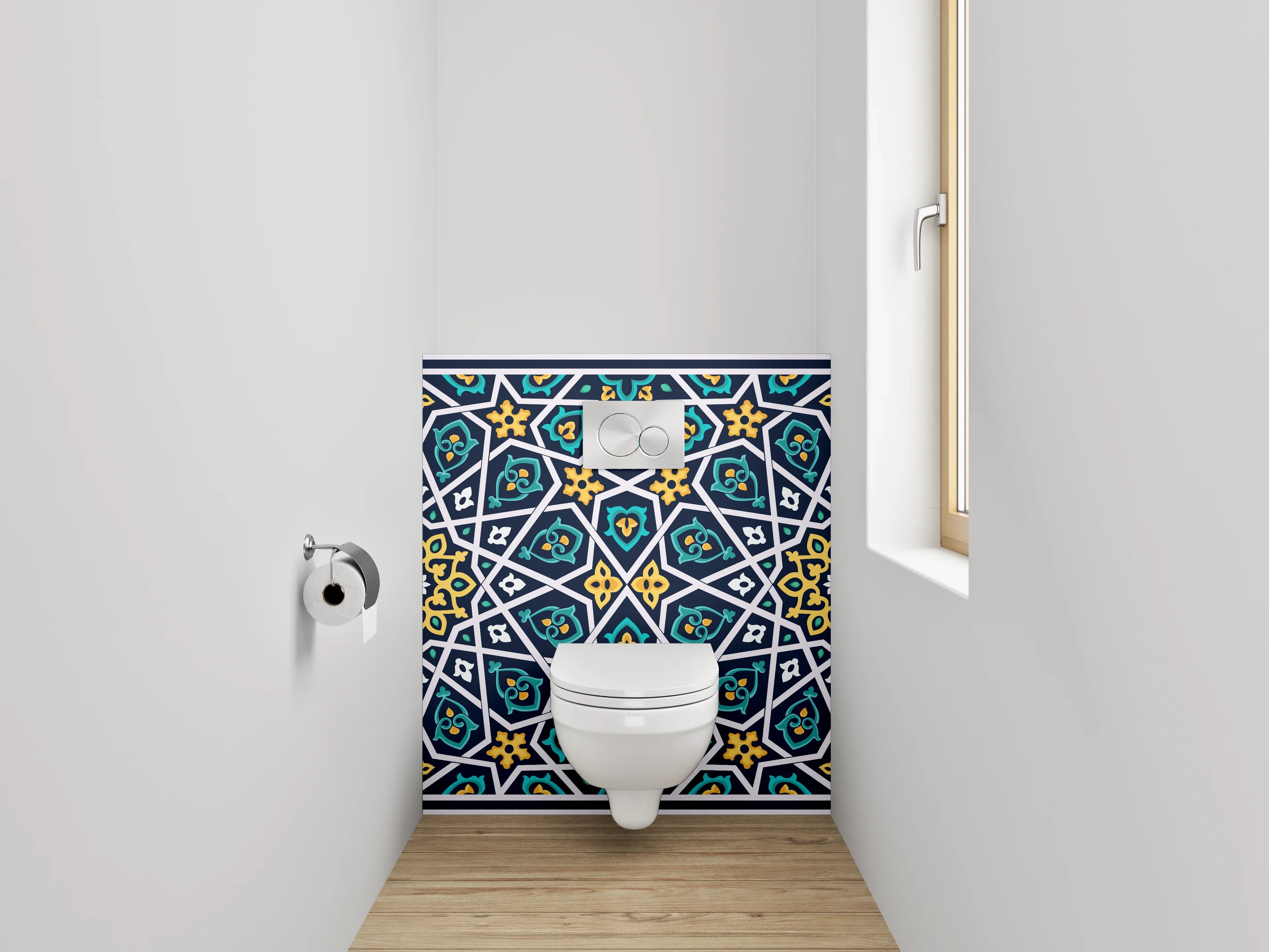 WC-Rückwand - Orientalisches Mosaikmuster Blau-Gelb Dekor