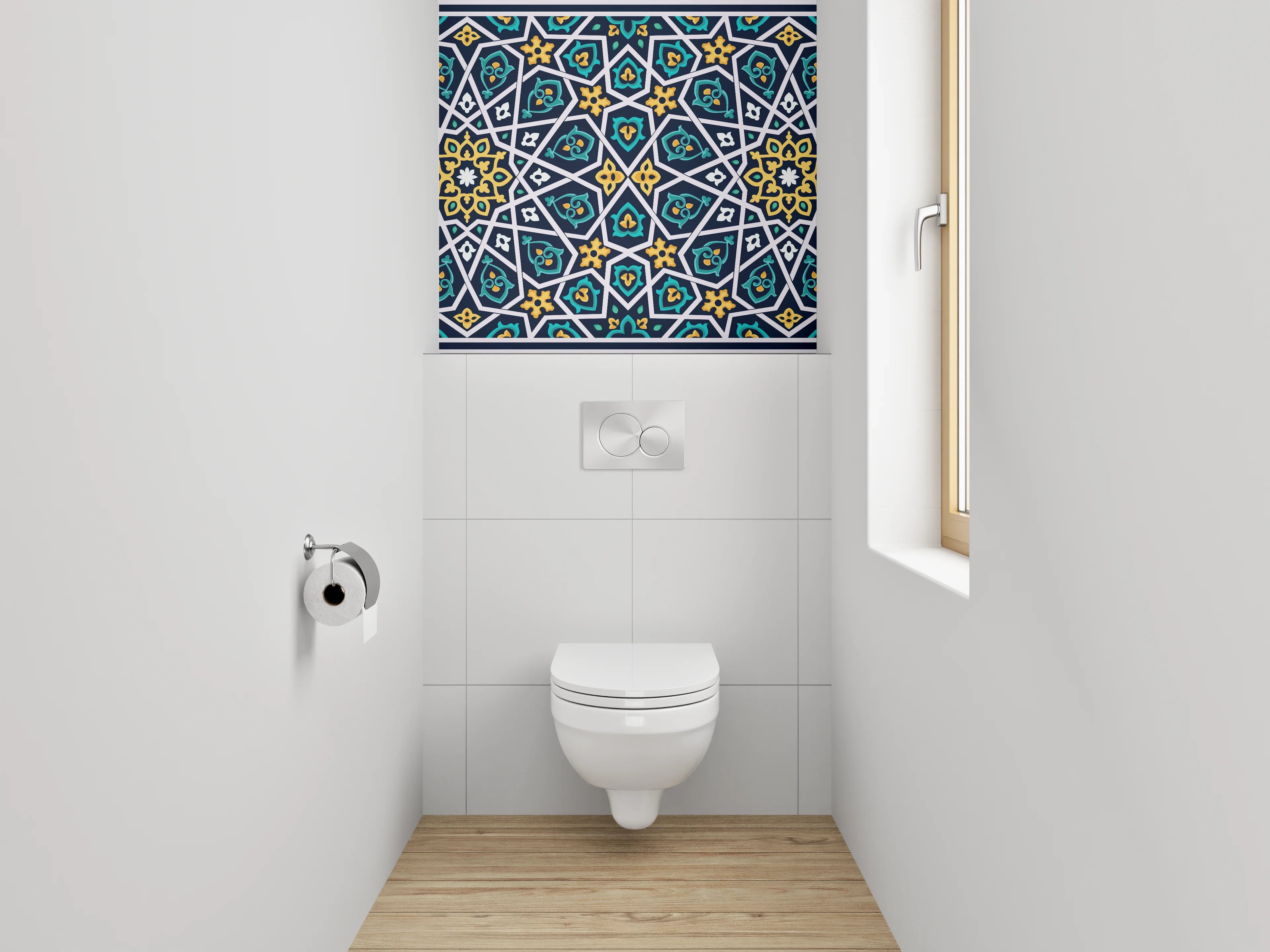 WC-Rückwand - Orientalisches Mosaikmuster Blau-Gelb Dekor