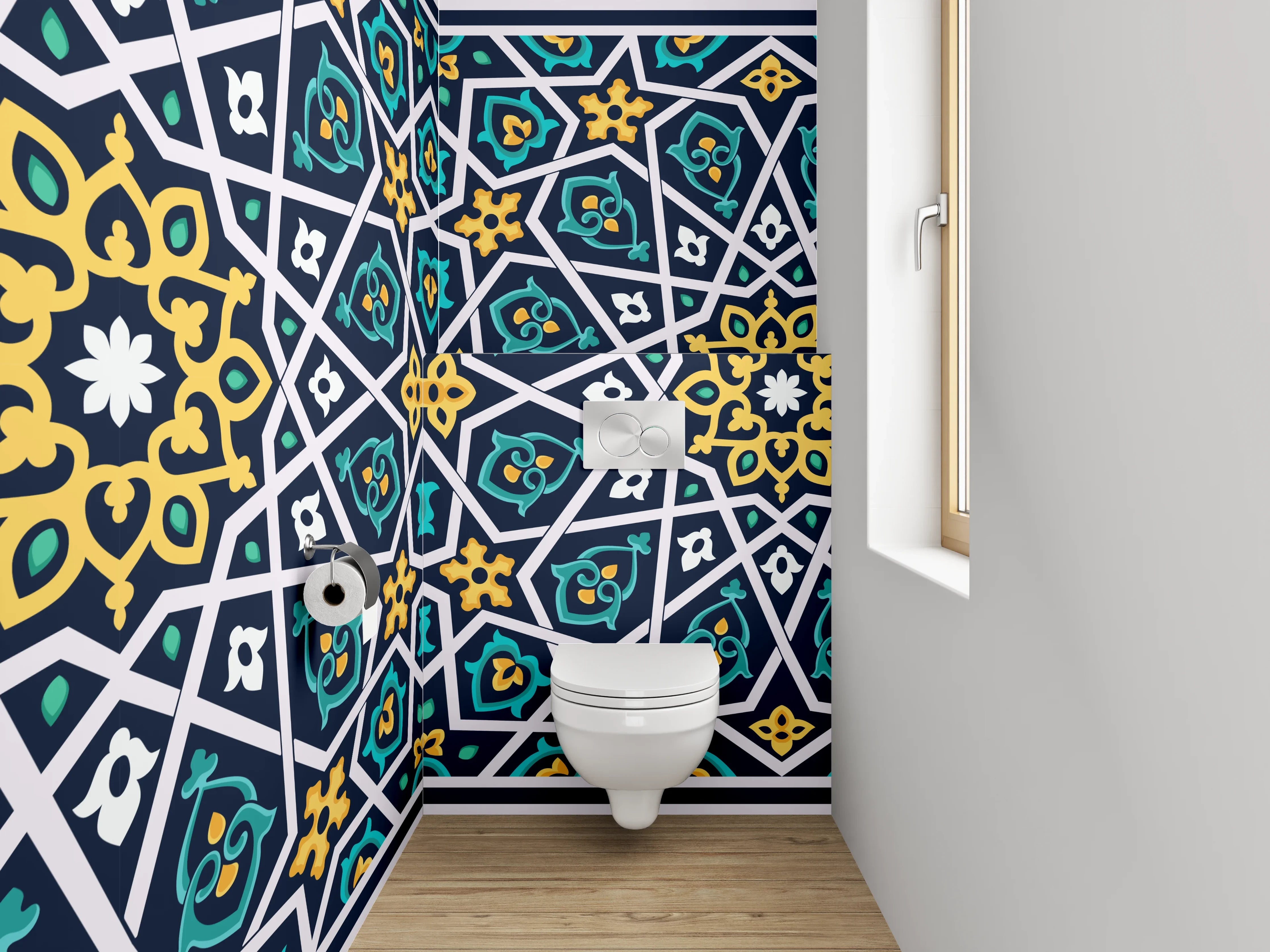 WC-Rückwand - Orientalisches Mosaikmuster Blau-Gelb Dekor
