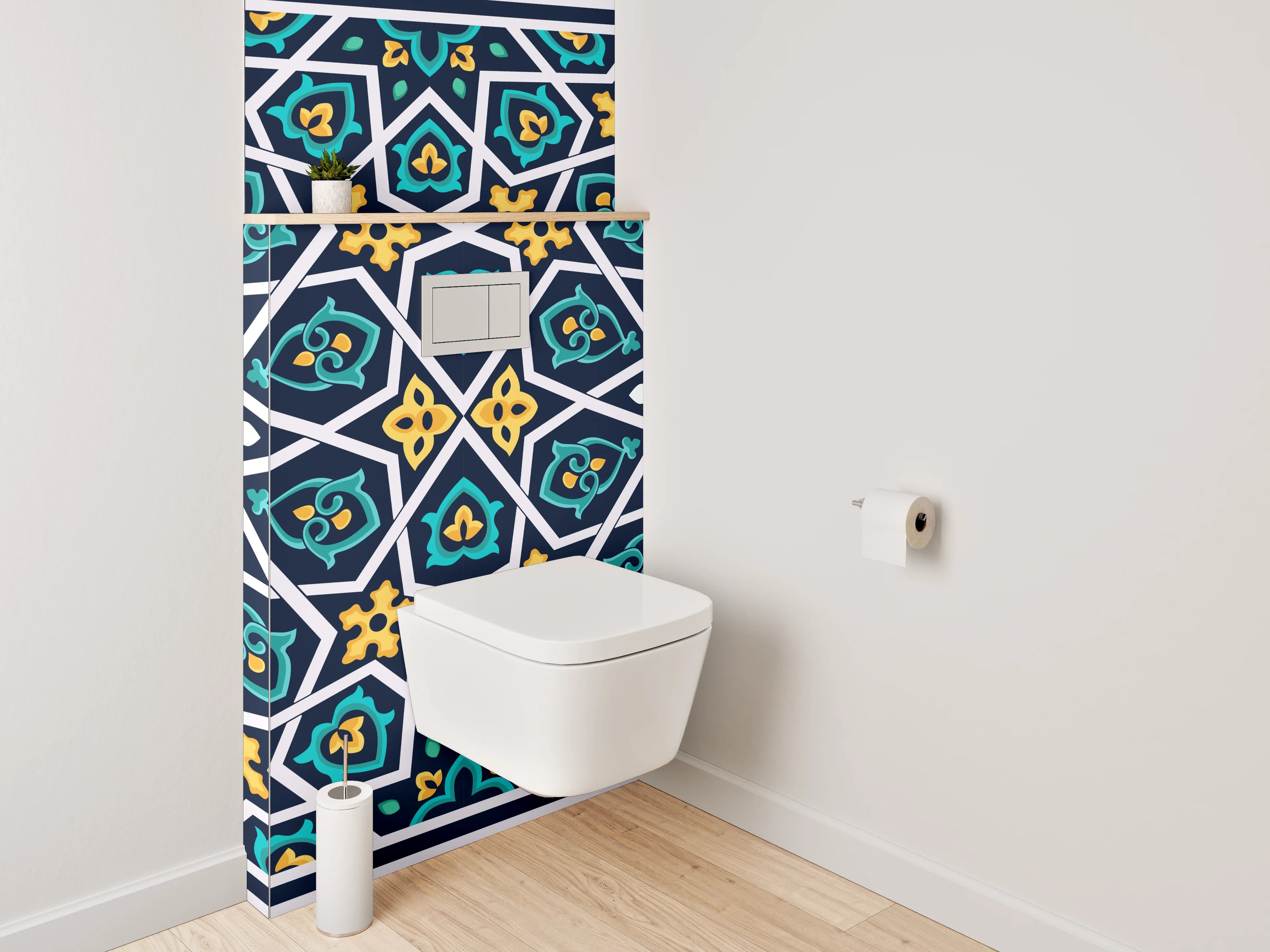 WC-Rückwand - Orientalisches Mosaikmuster Blau-Gelb Dekor