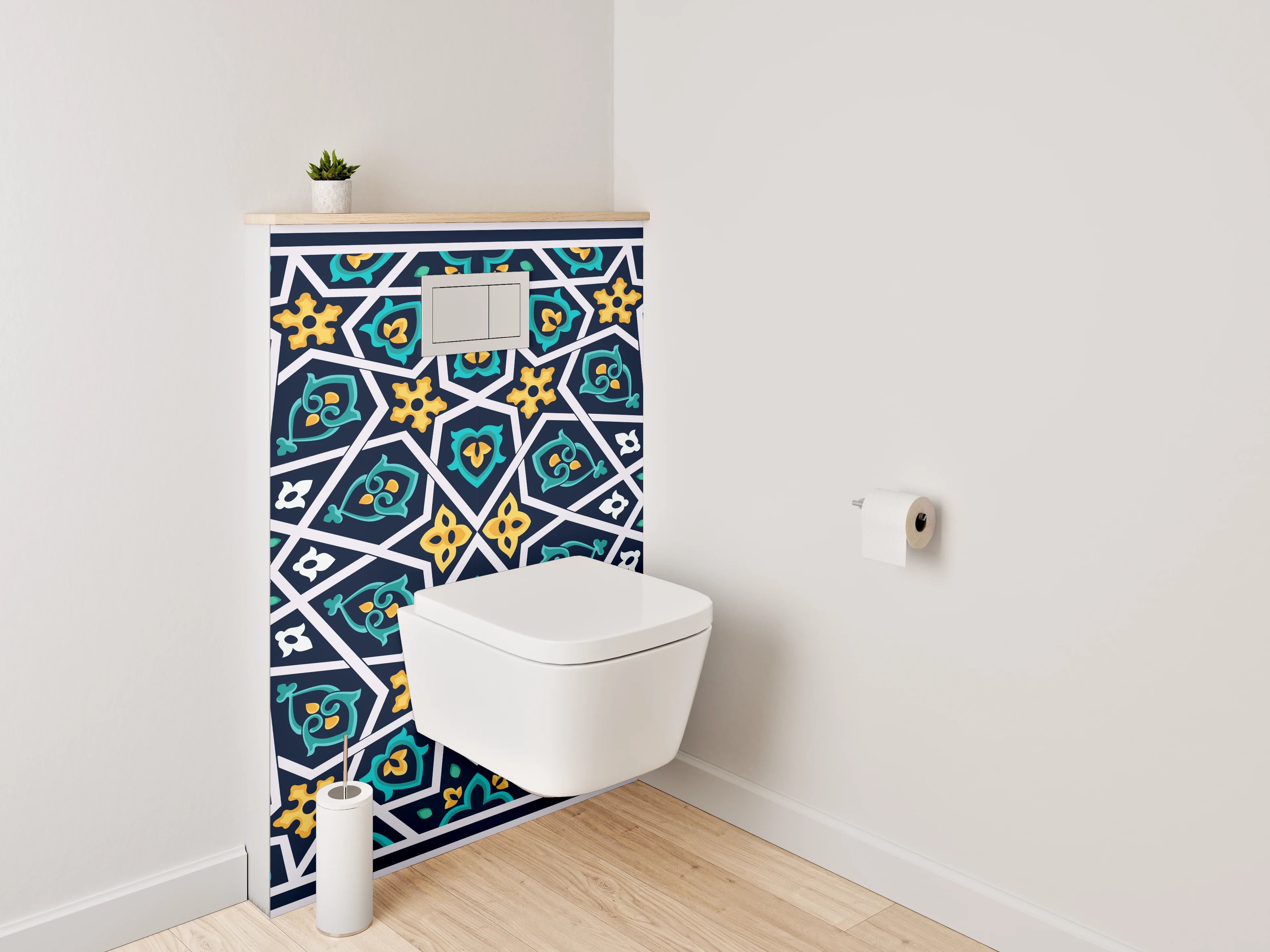 WC-Rückwand - Orientalisches Mosaikmuster Blau-Gelb Dekor