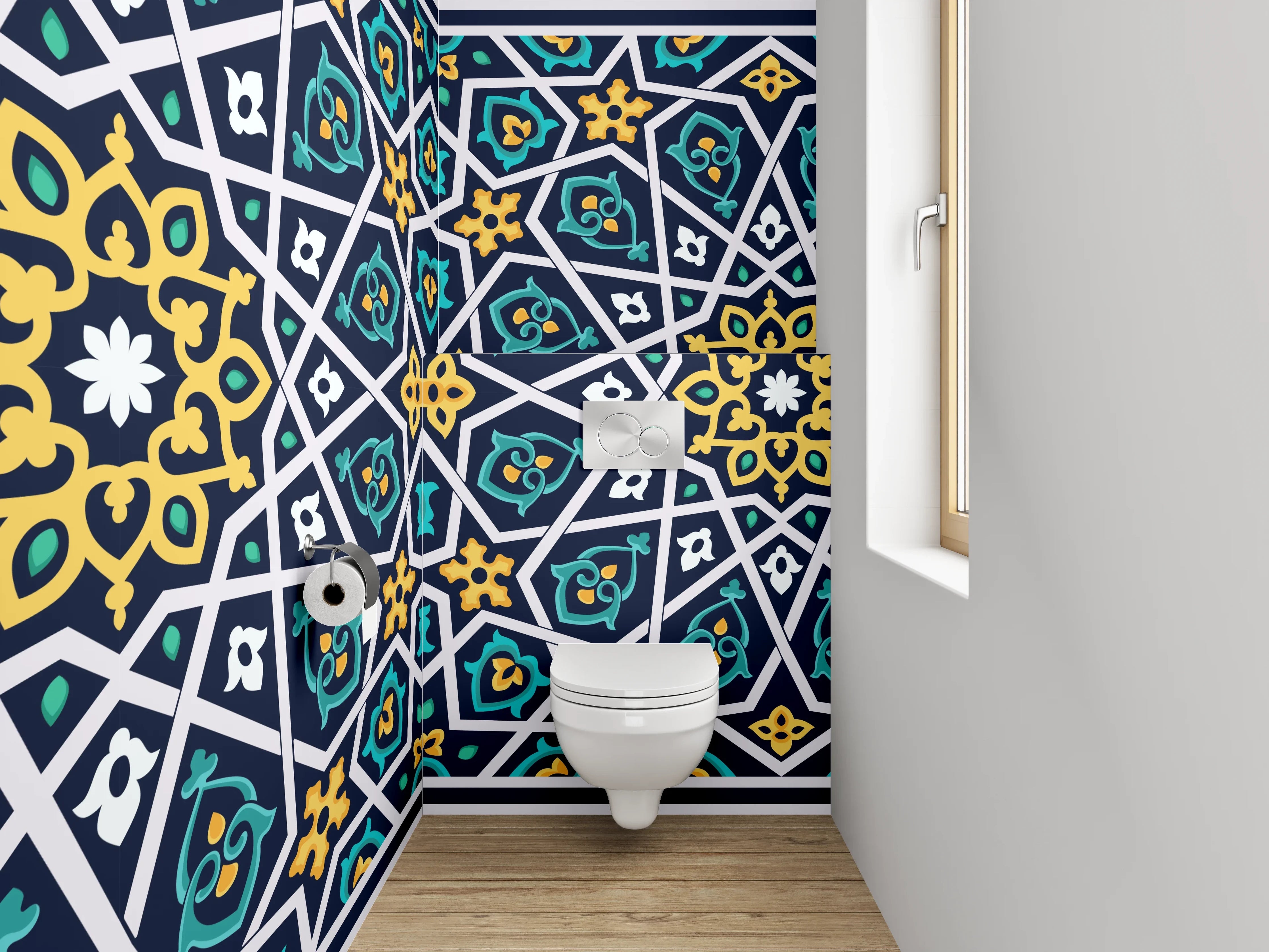 WC-Rückwand - Orientalisches Mosaikmuster Blau Gelb