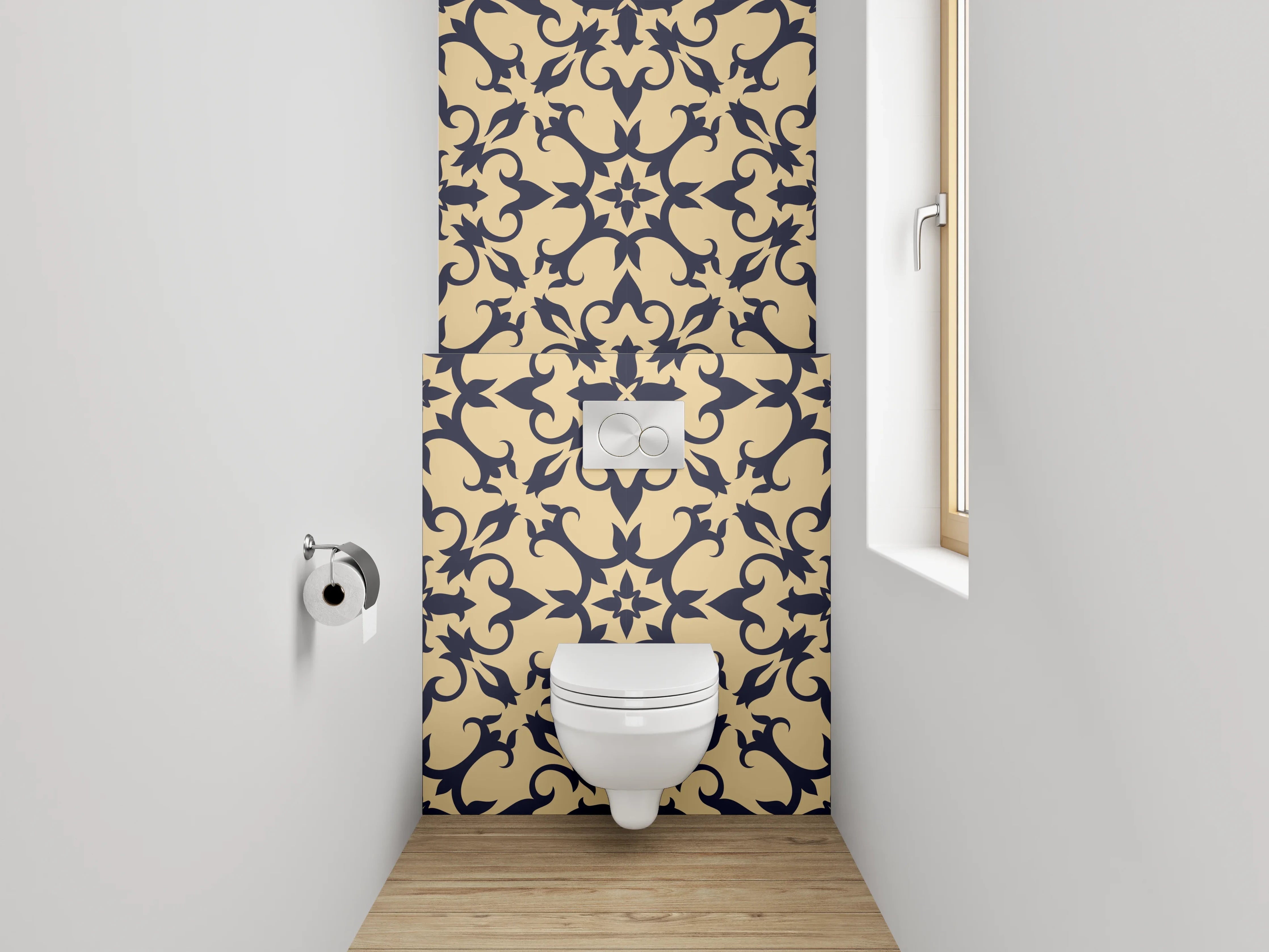 WC-Rückwand - Orientalisches Rankenmuster Beige Schwarz