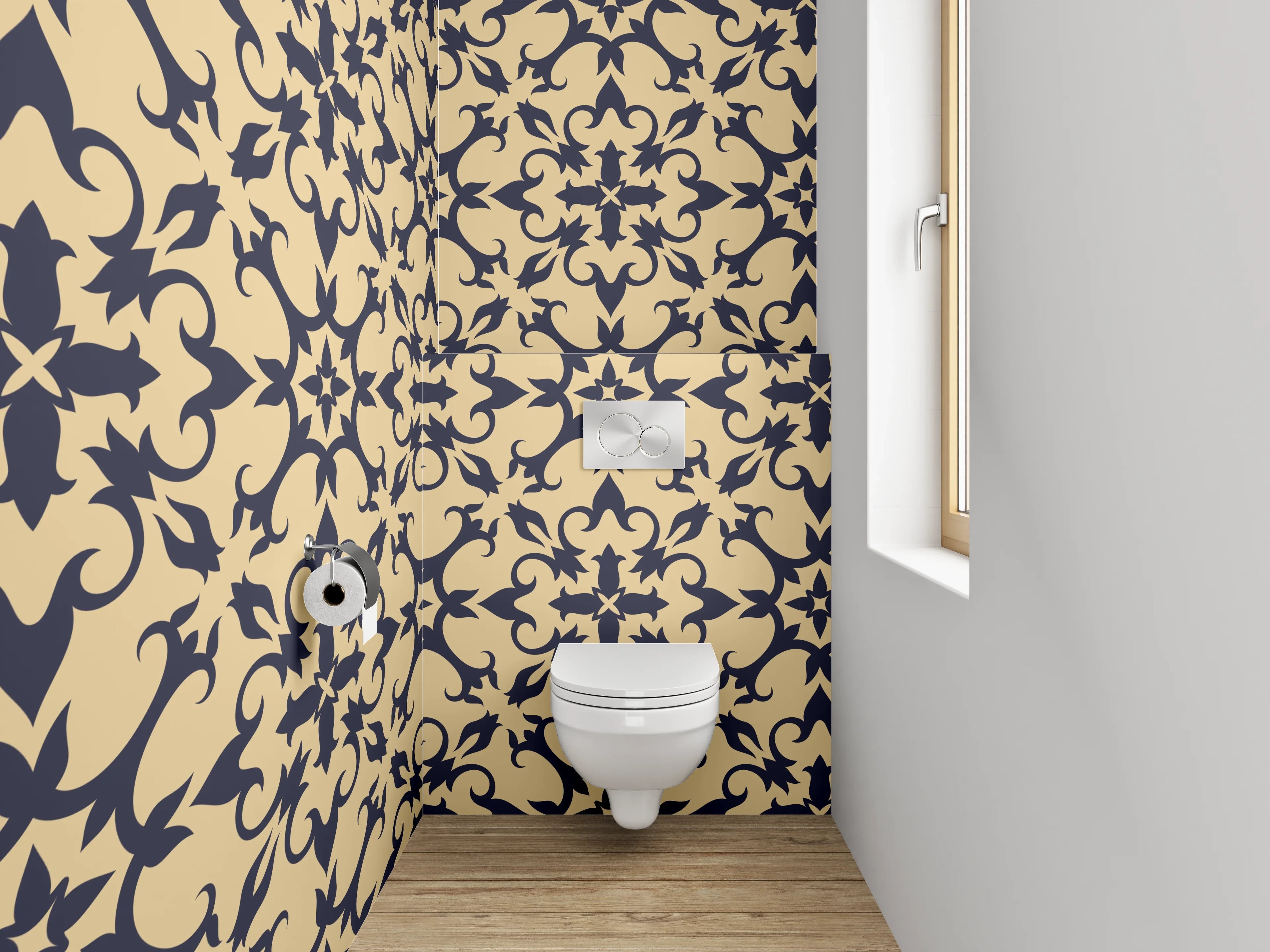WC-Rückwand - Orientalisches Rankenmuster Beige Schwarz