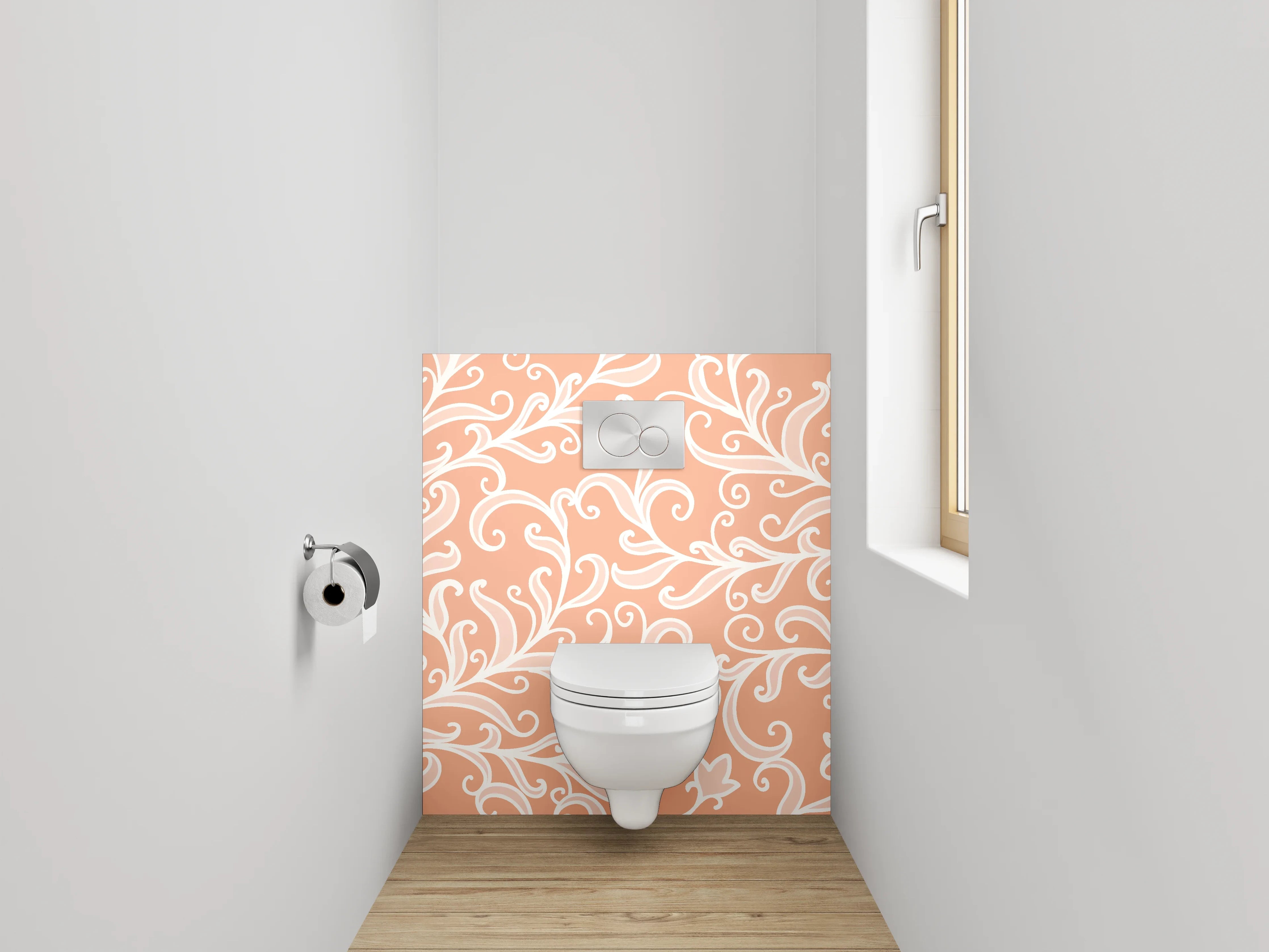 WC-Rückwand - Ornamentale Weißlinien auf Apricot