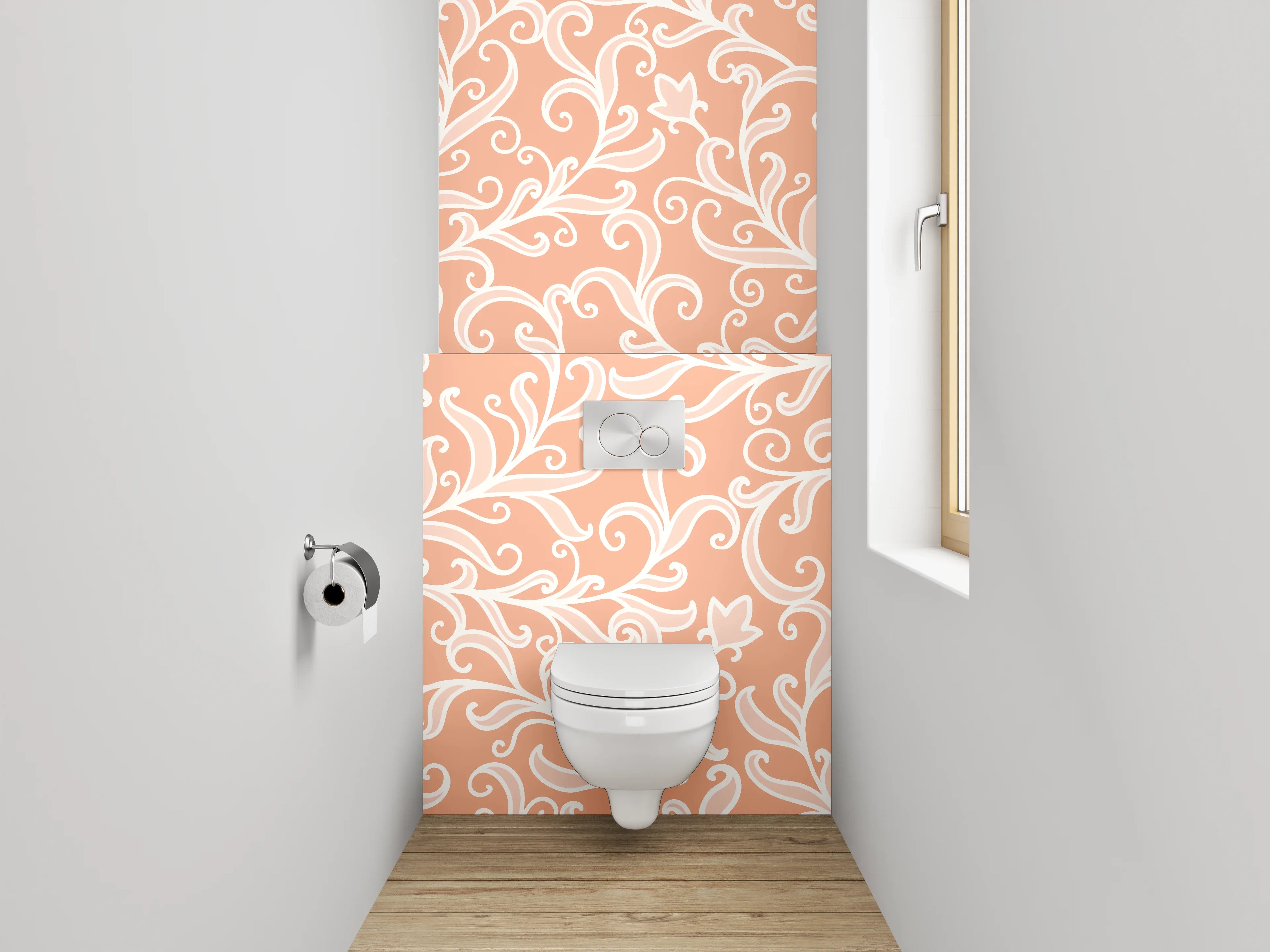 WC-Rückwand - Ornamentale Weißlinien auf Apricot