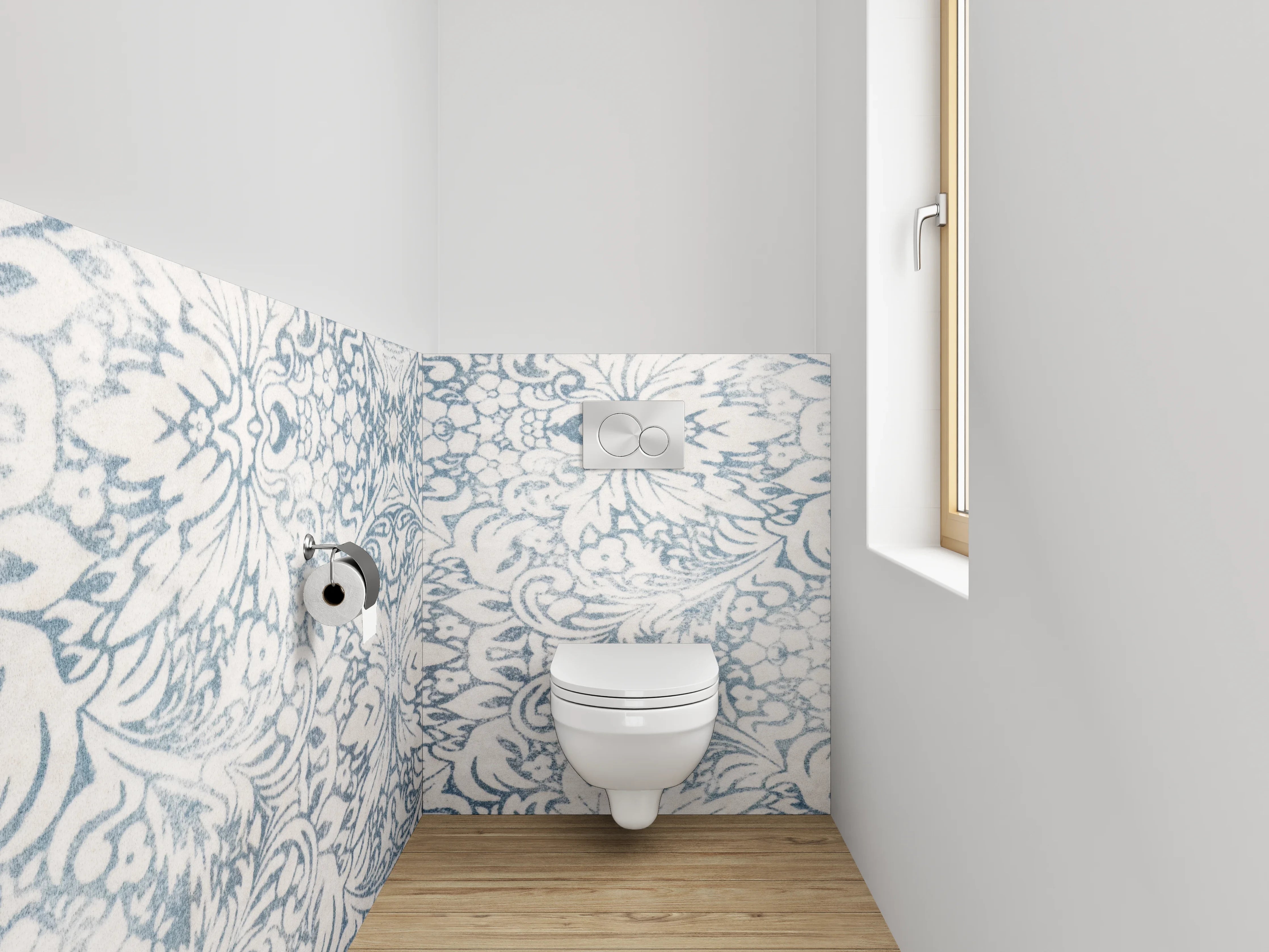WC-Rückwand - Ornamentales Fliesenmuster in Blau-Weiß