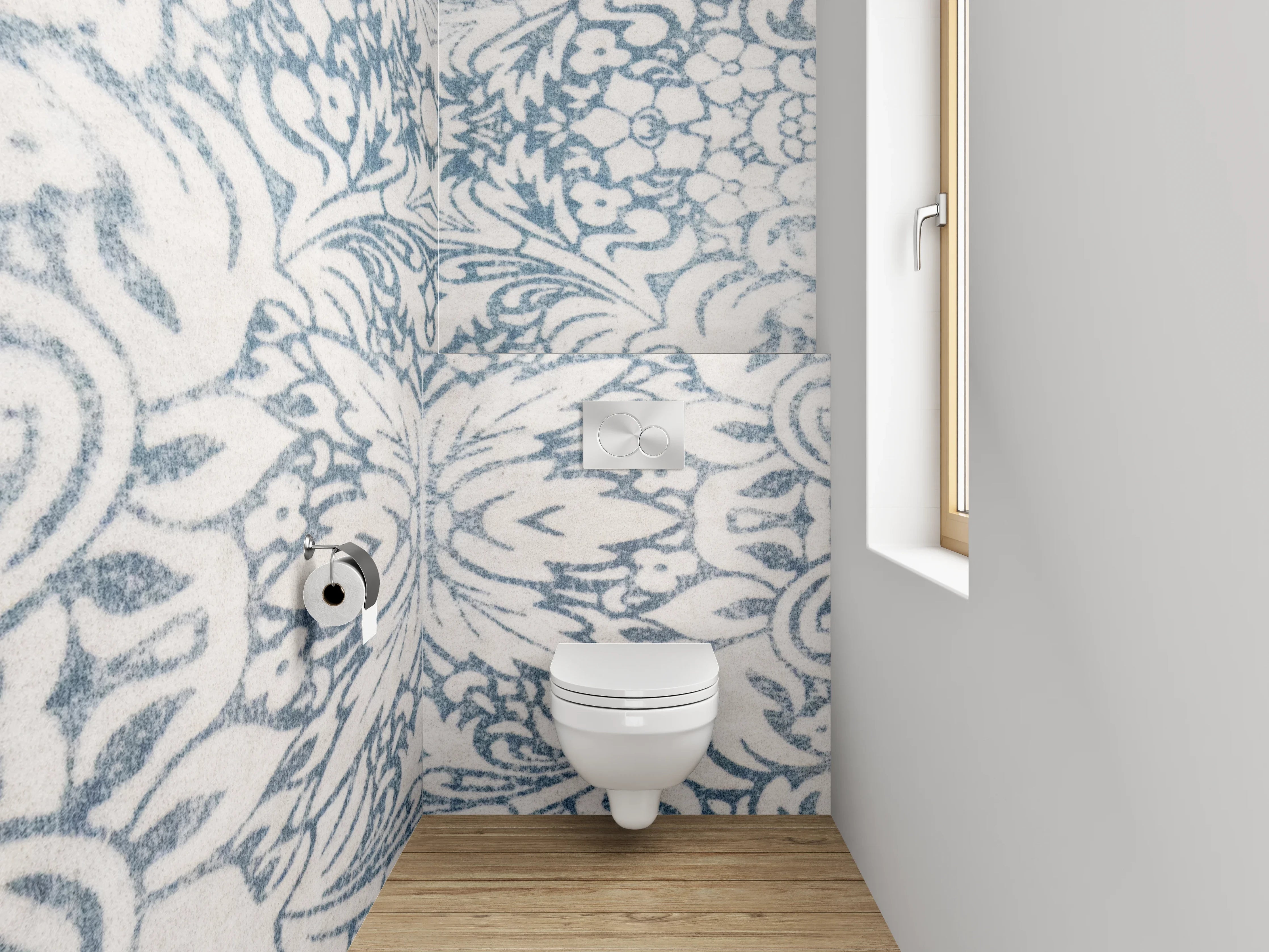 WC-Rückwand - Ornamentales Fliesenmuster in Blau-Weiß