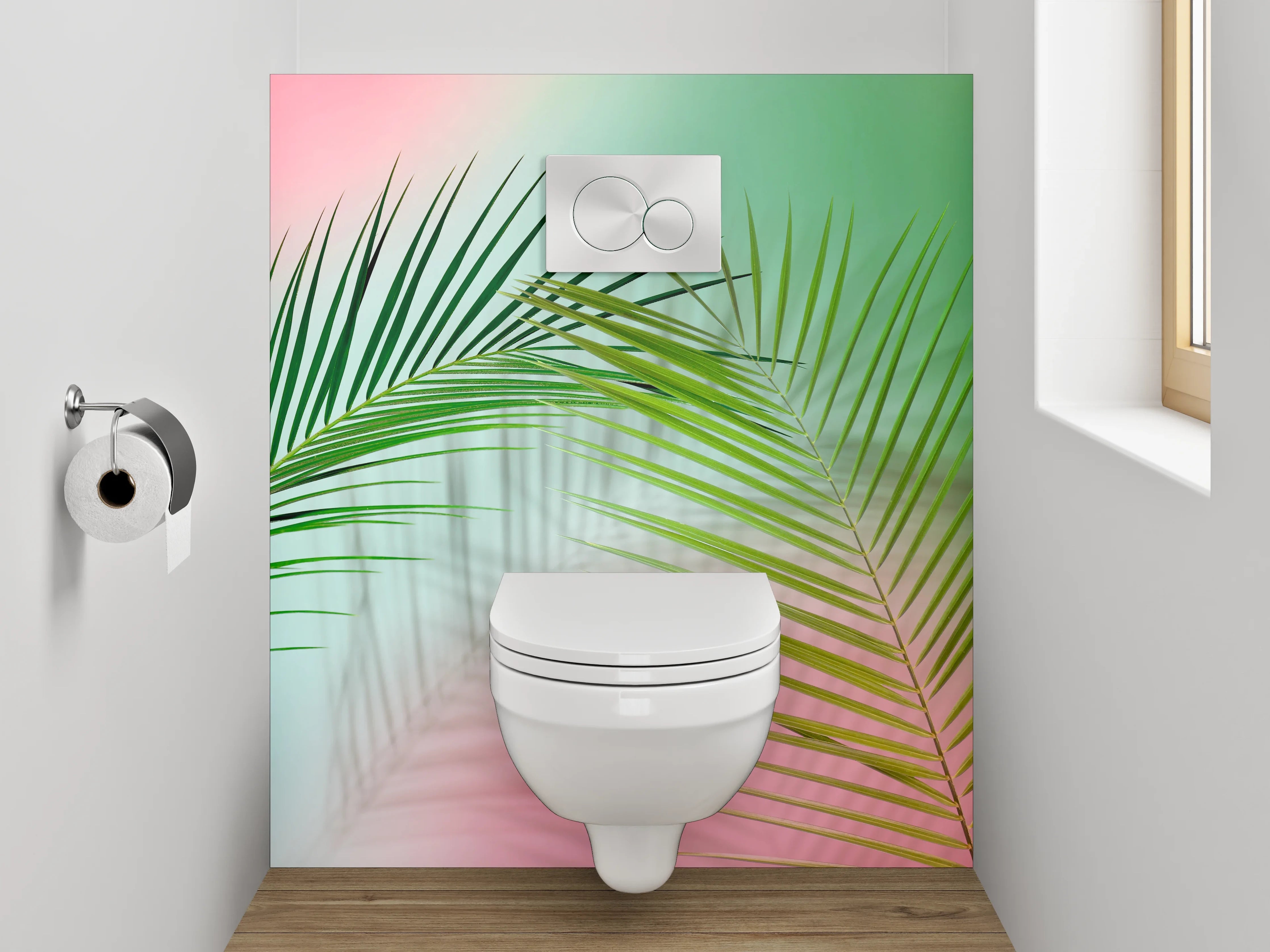 WC-Rückwand - Palmblatt auf pastellfarbenem Hintergrund