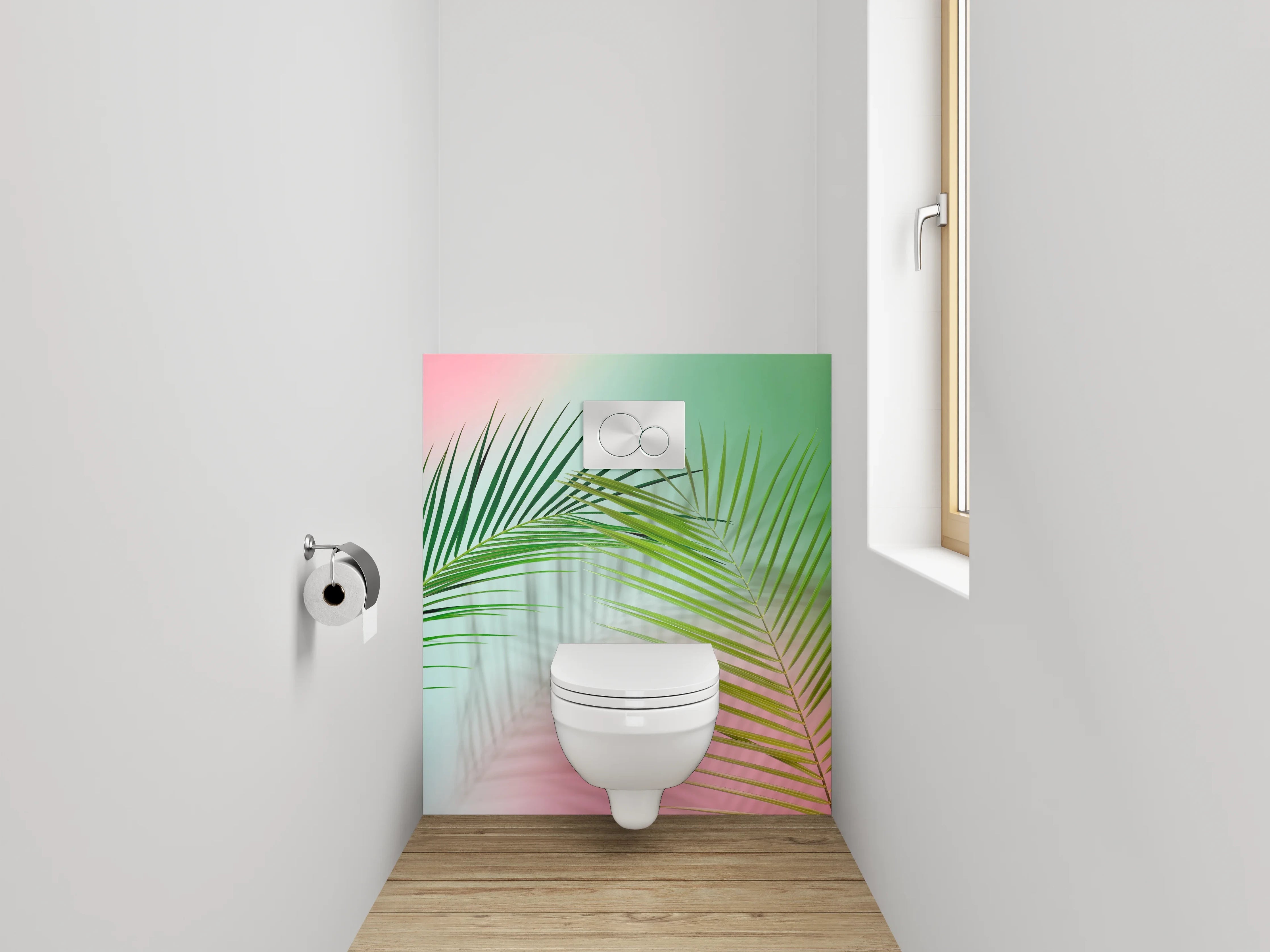 WC-Rückwand - Palmblatt auf pastellfarbenem Hintergrund