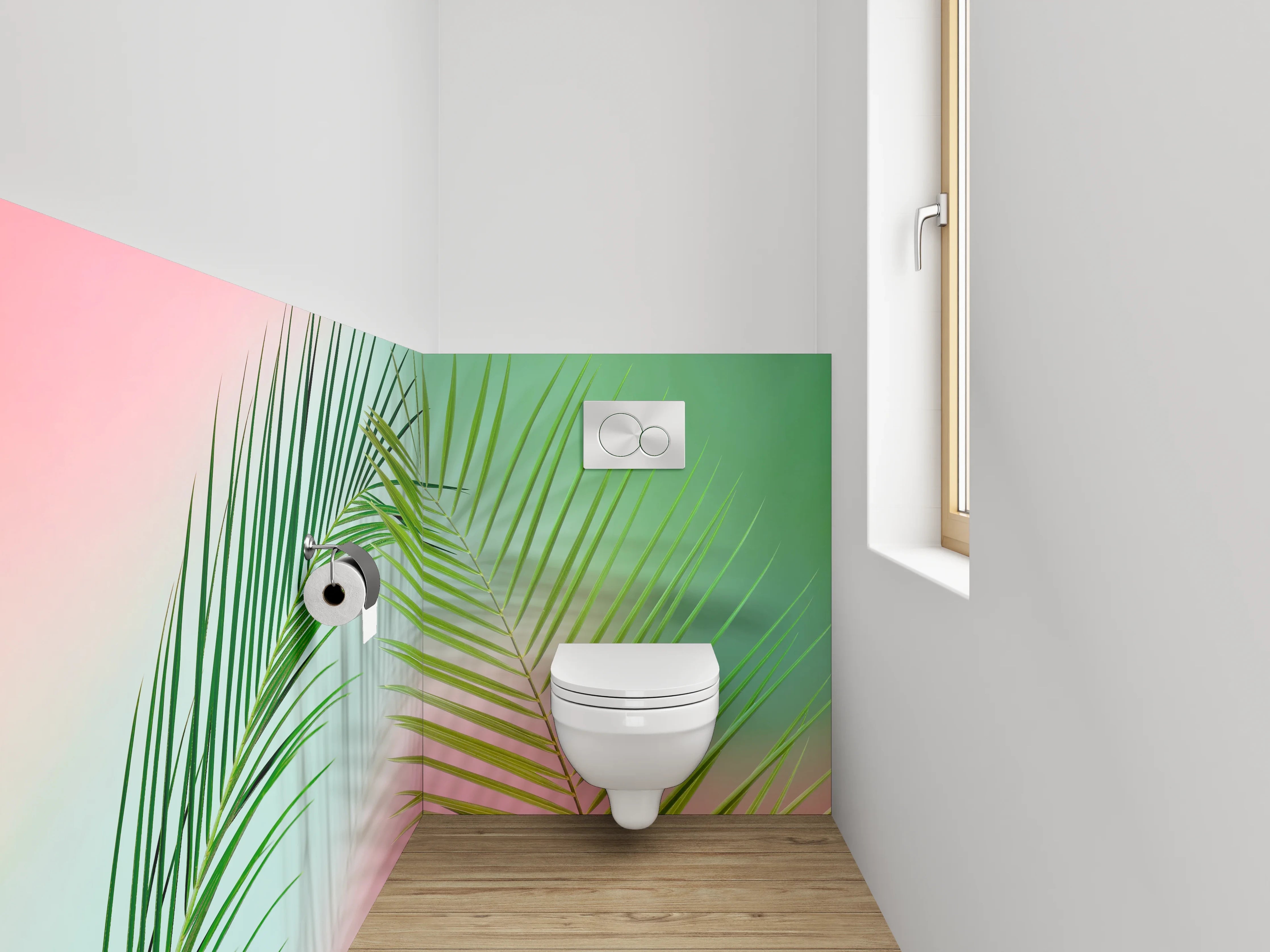 WC-Rückwand - Palmblatt auf pastellfarbenem Hintergrund