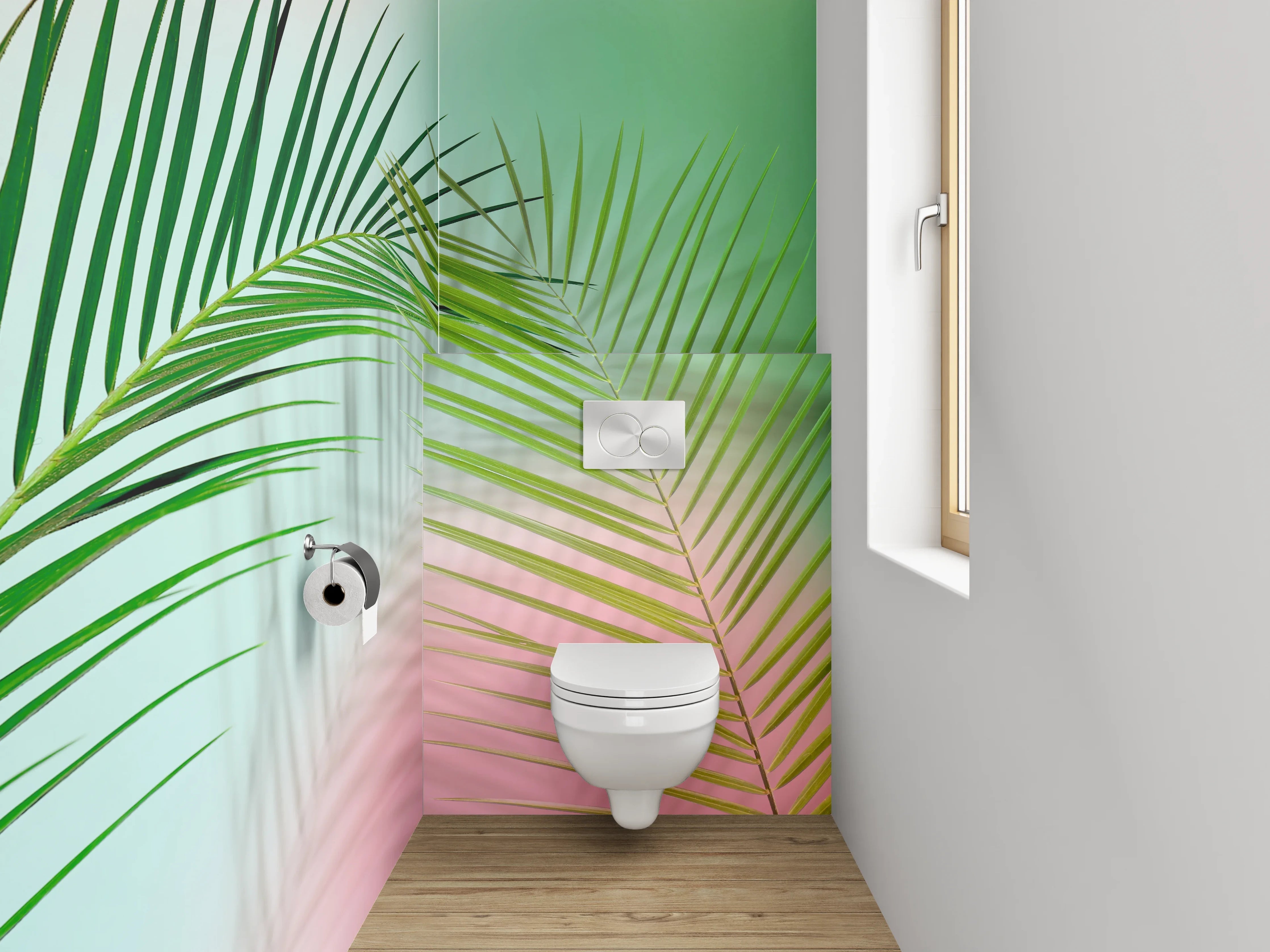 WC-Rückwand - Palmblatt auf pastellfarbenem Hintergrund