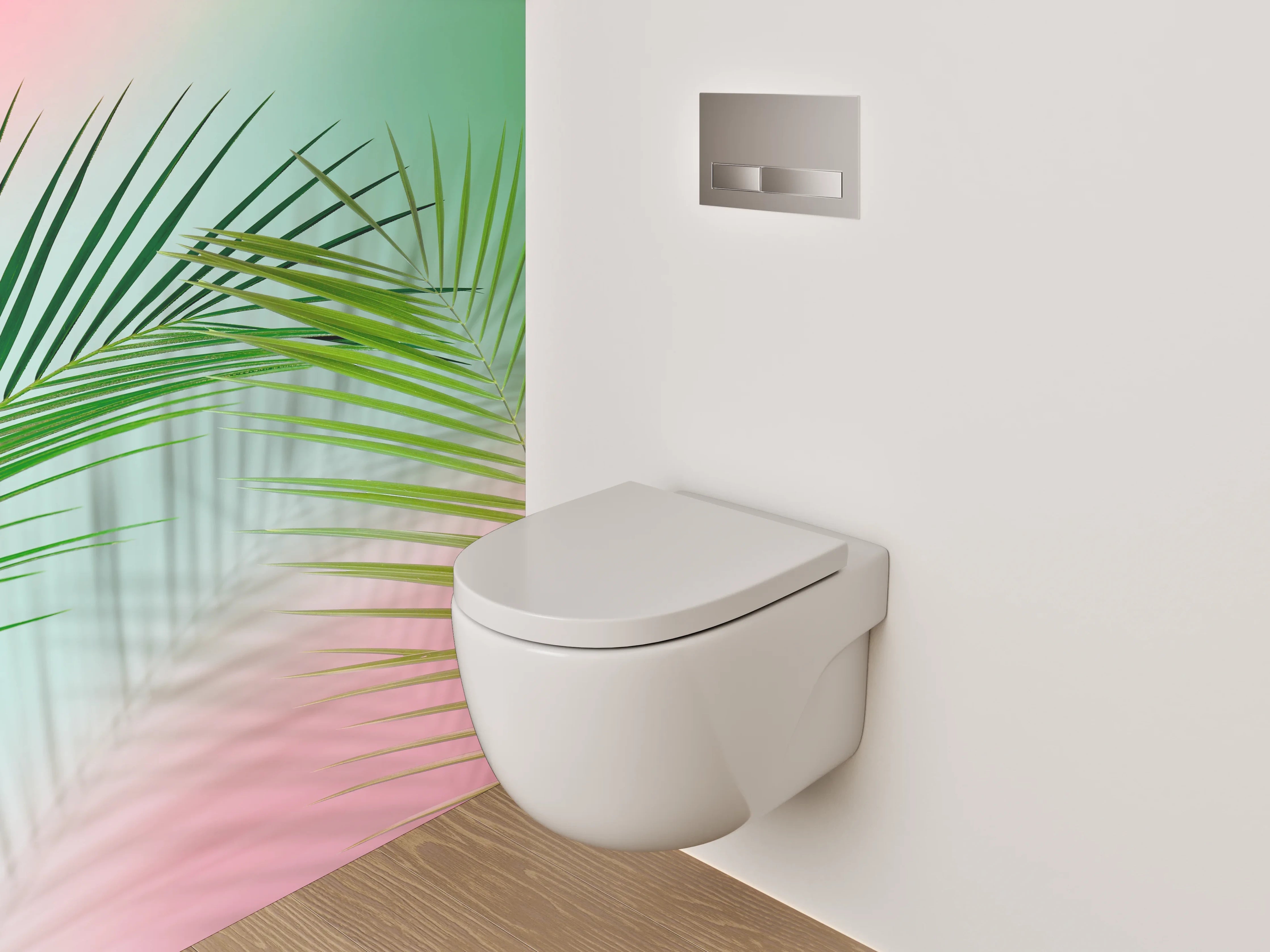 WC-Rückwand - Palmblatt auf pastellfarbenem Hintergrund