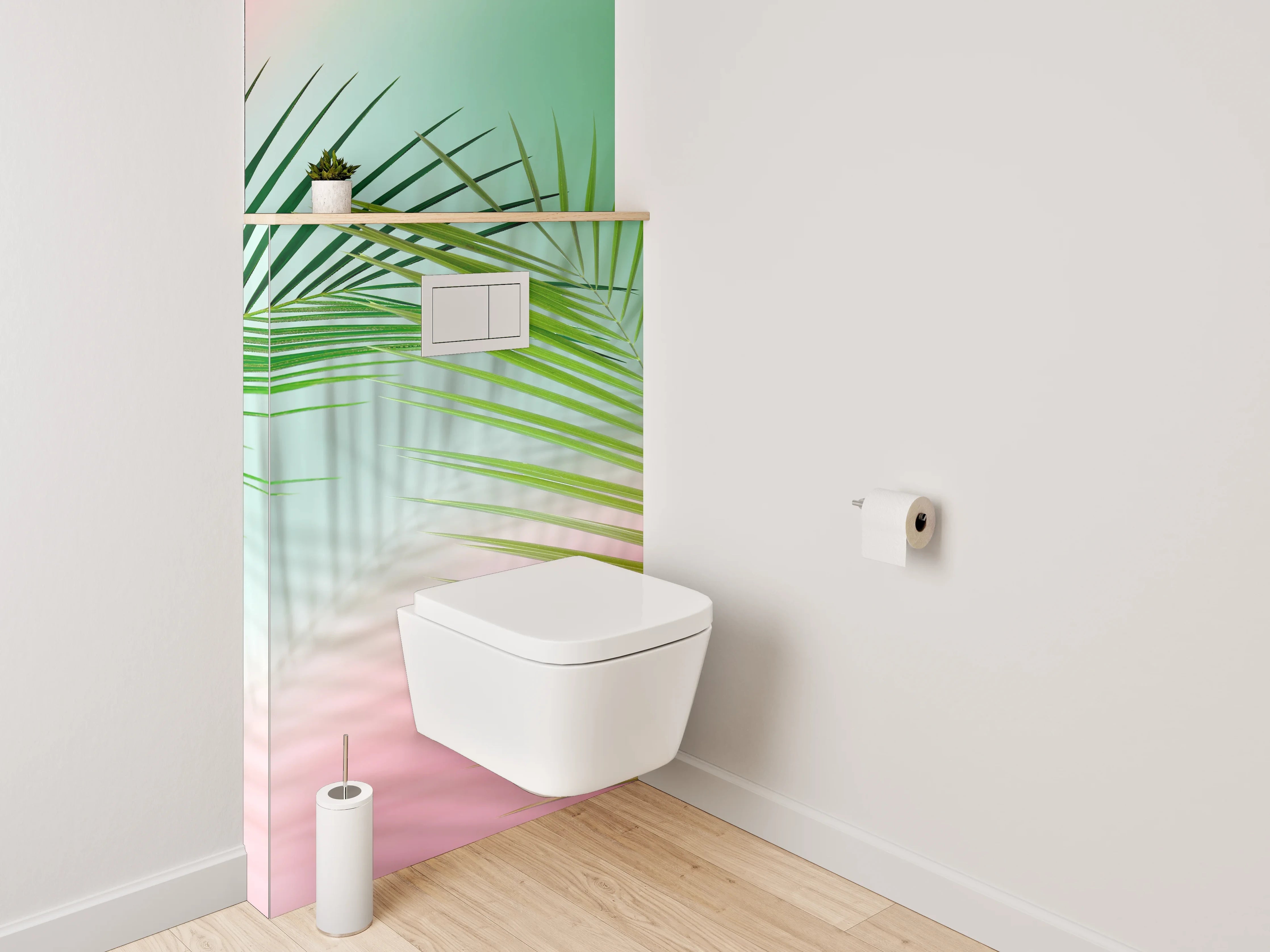WC-Rückwand - Palmblatt auf pastellfarbenem Hintergrund