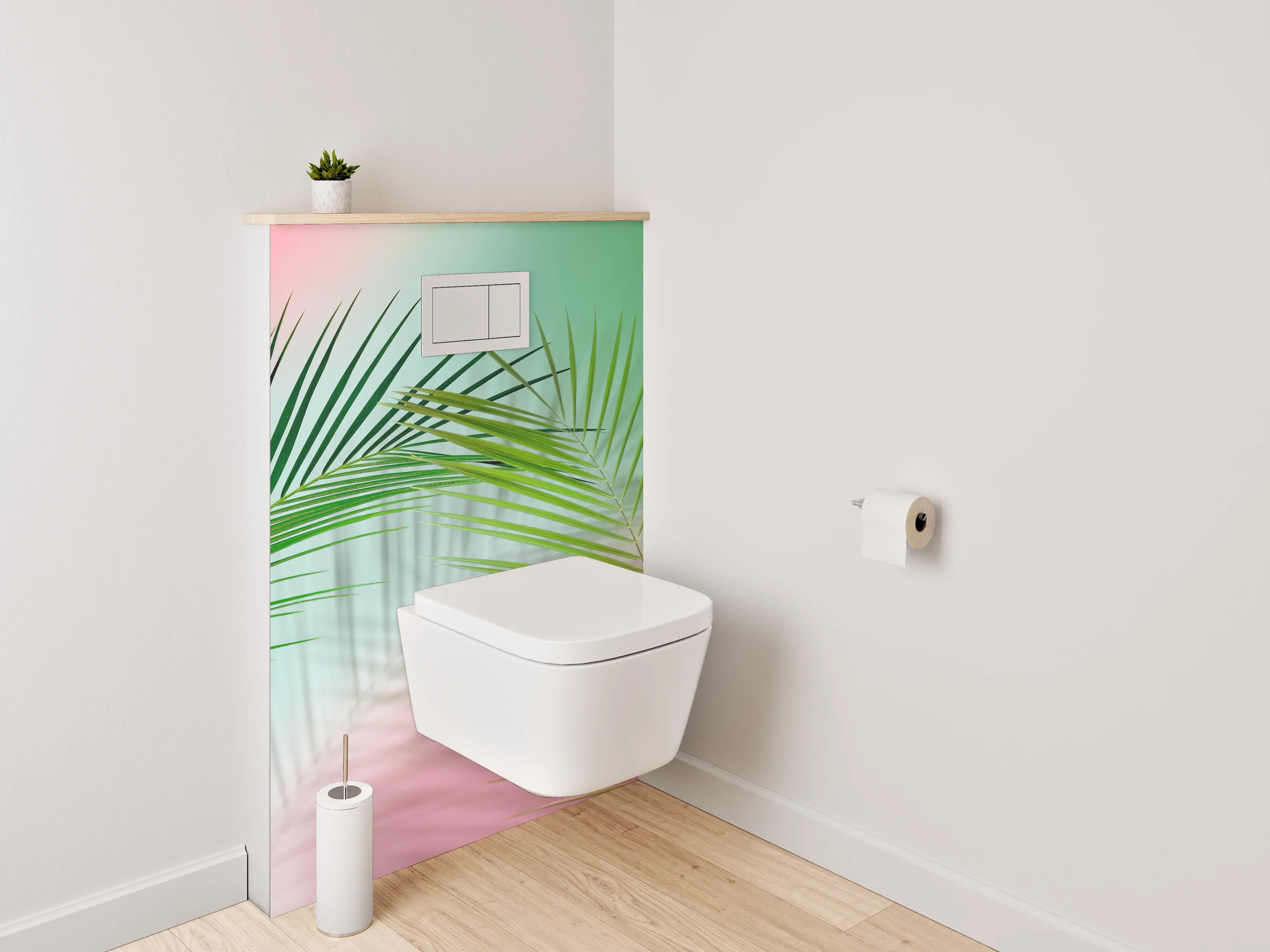 WC-Rückwand - Palmblatt auf pastellfarbenem Hintergrund
