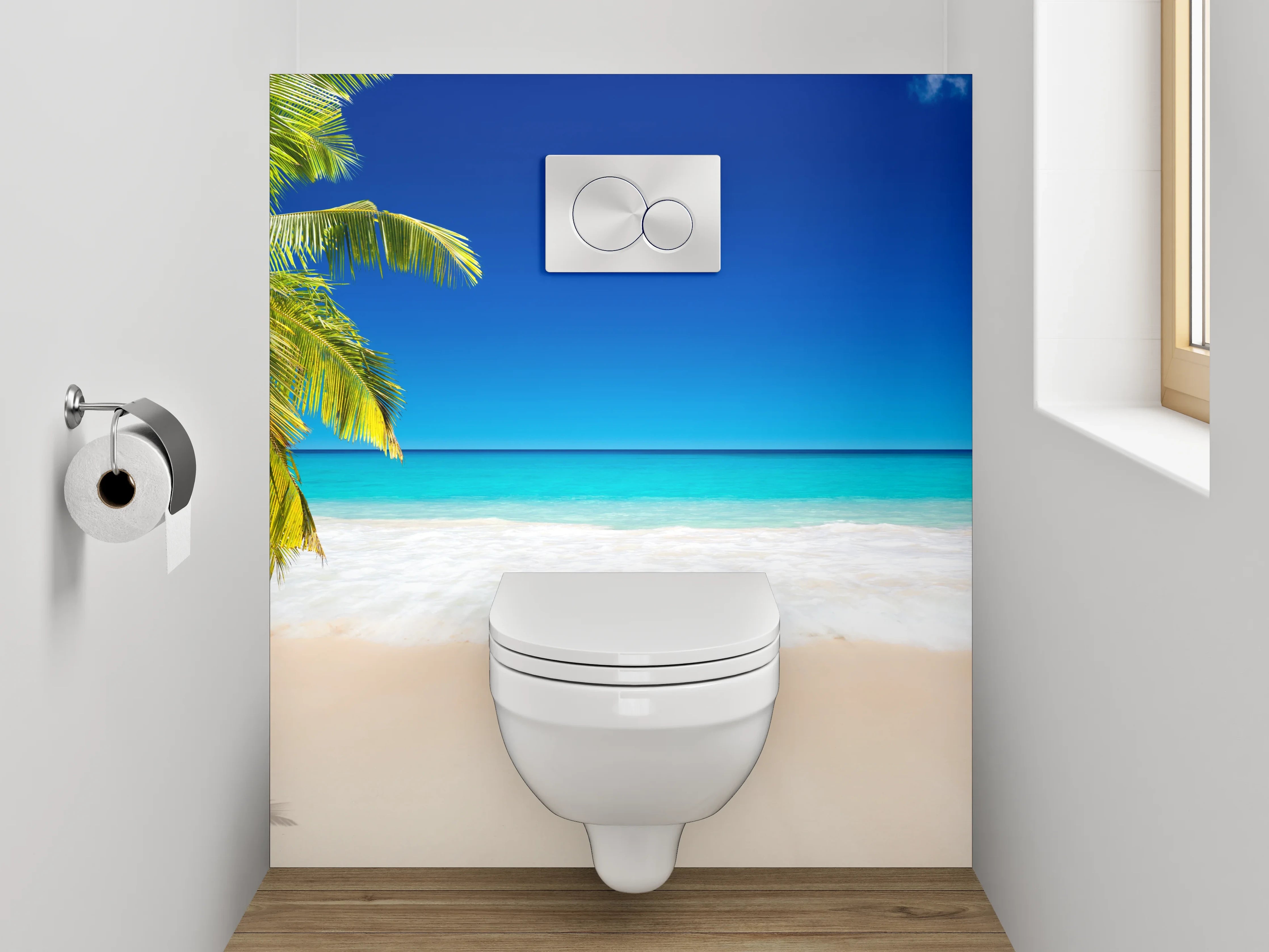 WC-Rückwand - Palme am grauschimmernden Karibikstrand