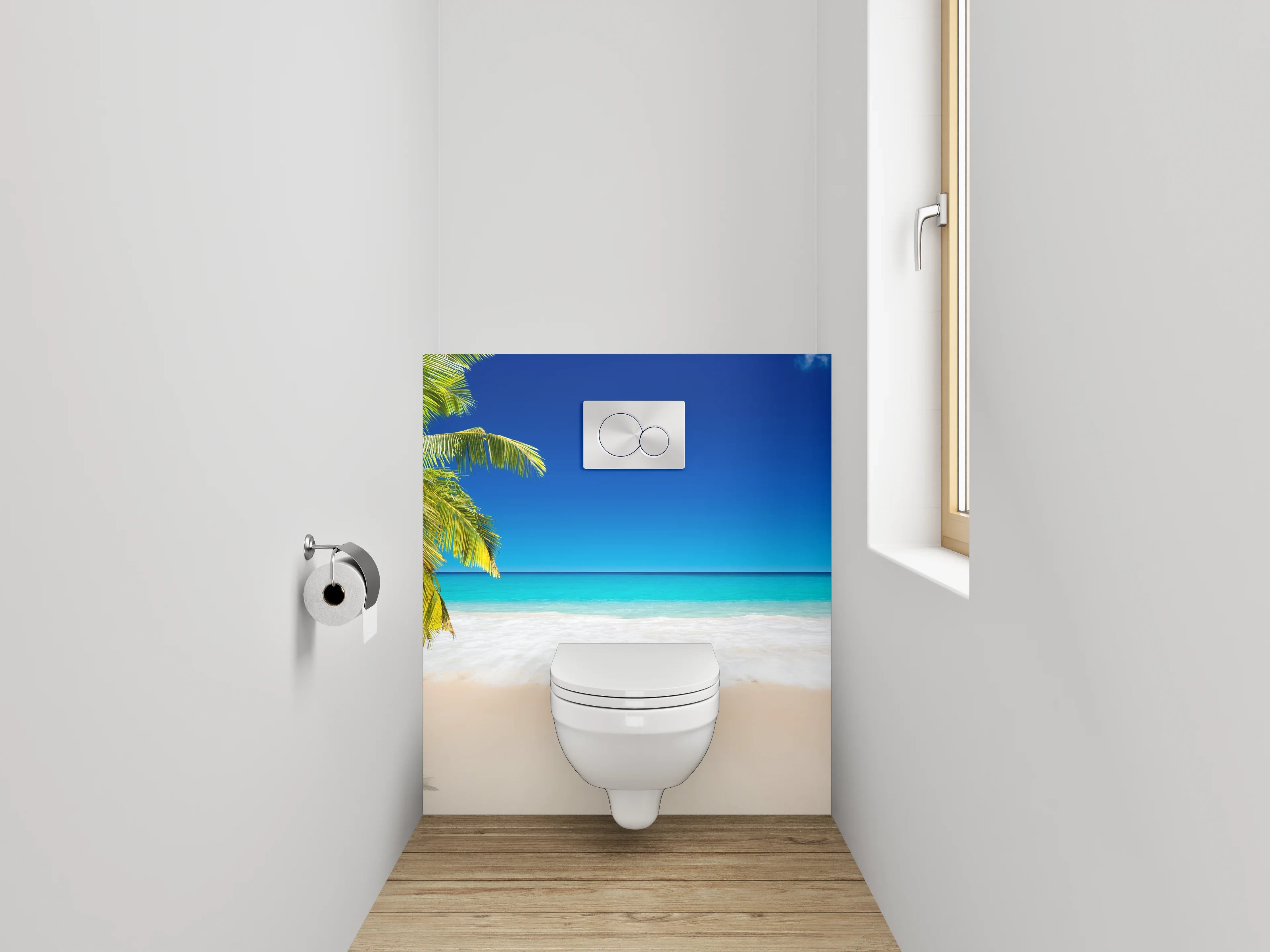 WC-Rückwand - Palme am grauschimmernden Karibikstrand