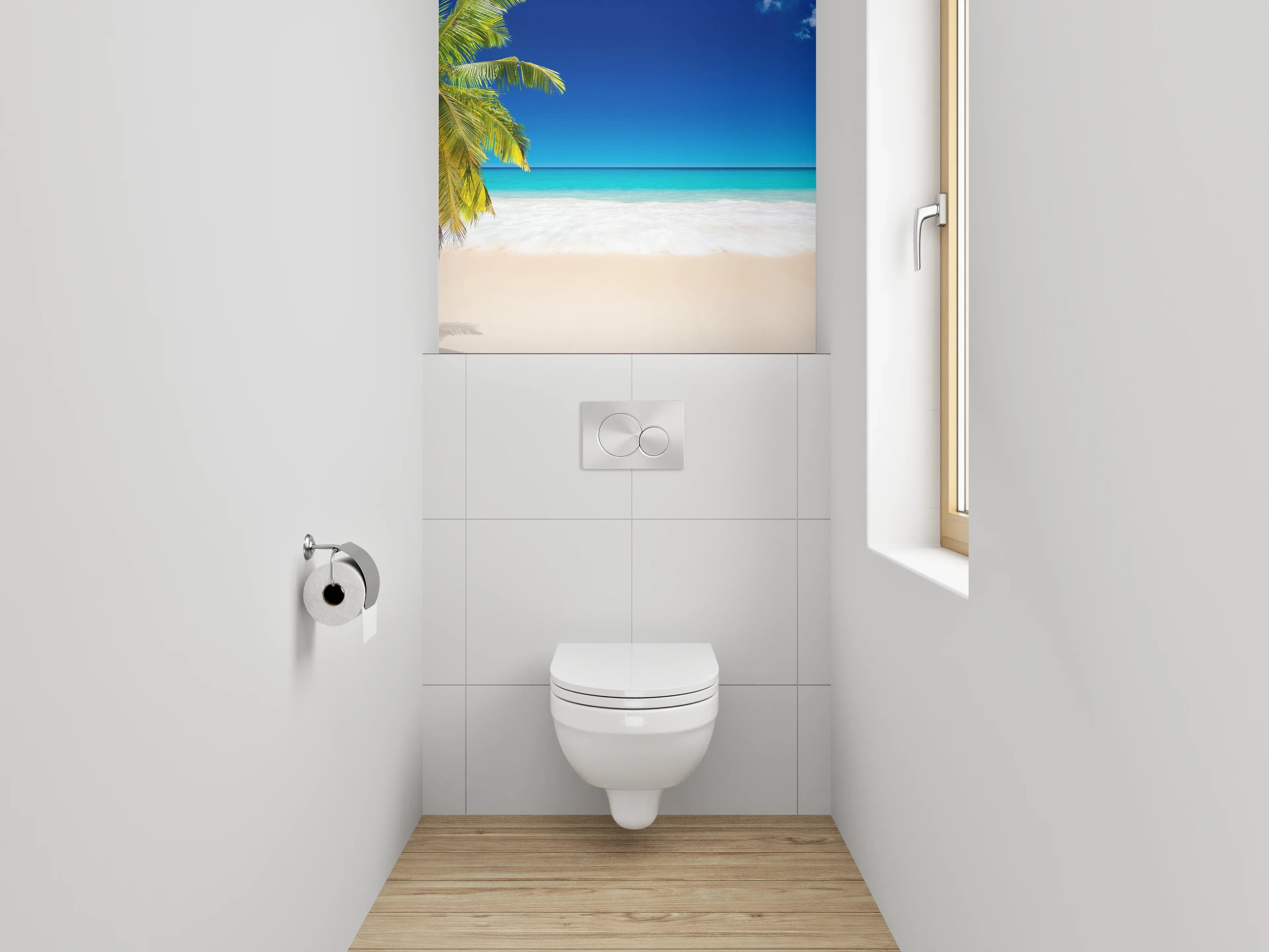 WC-Rückwand - Palme am grauschimmernden Karibikstrand