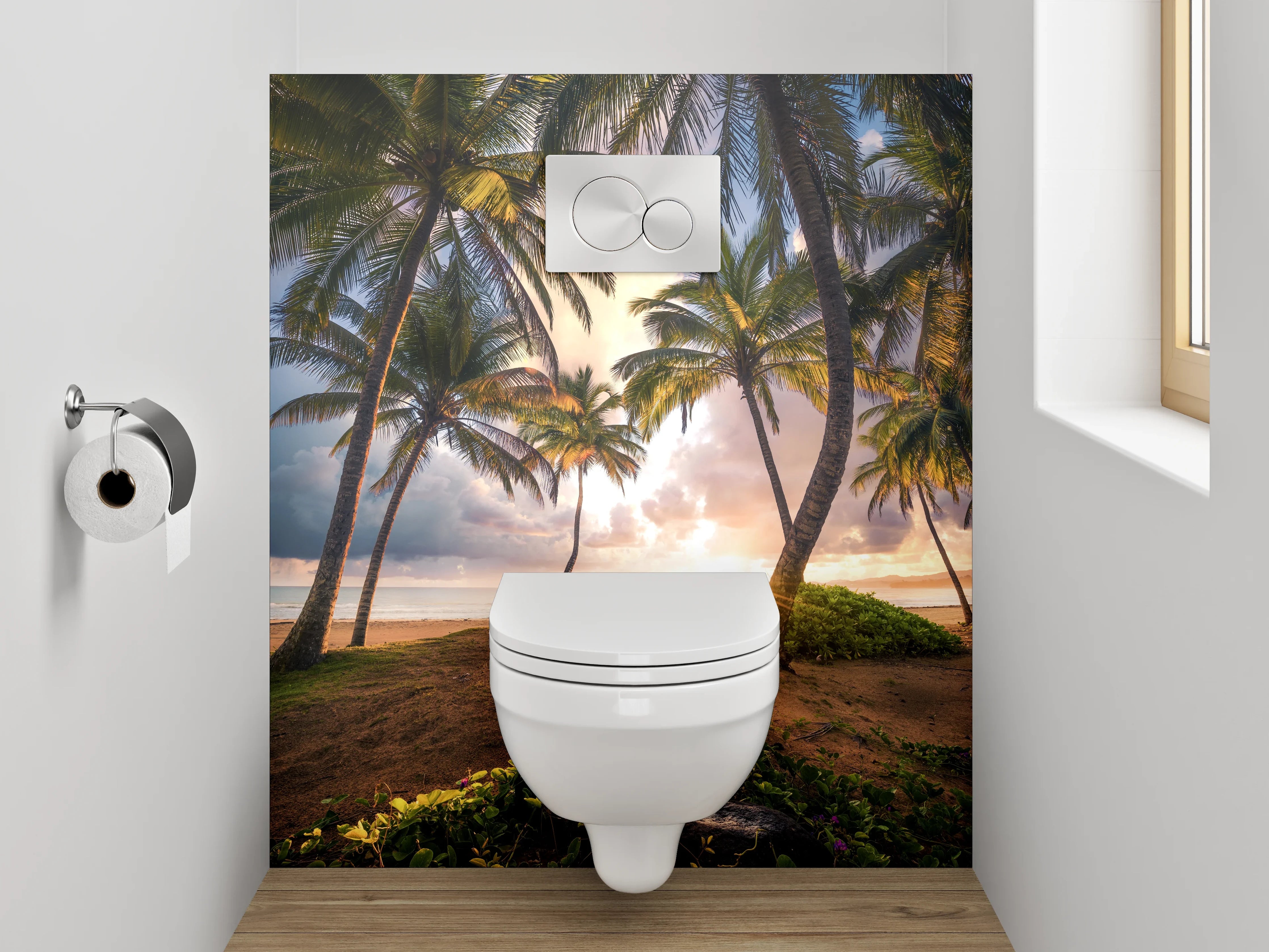 WC-Rückwand - Palmenstrand bei Sonnenuntergang