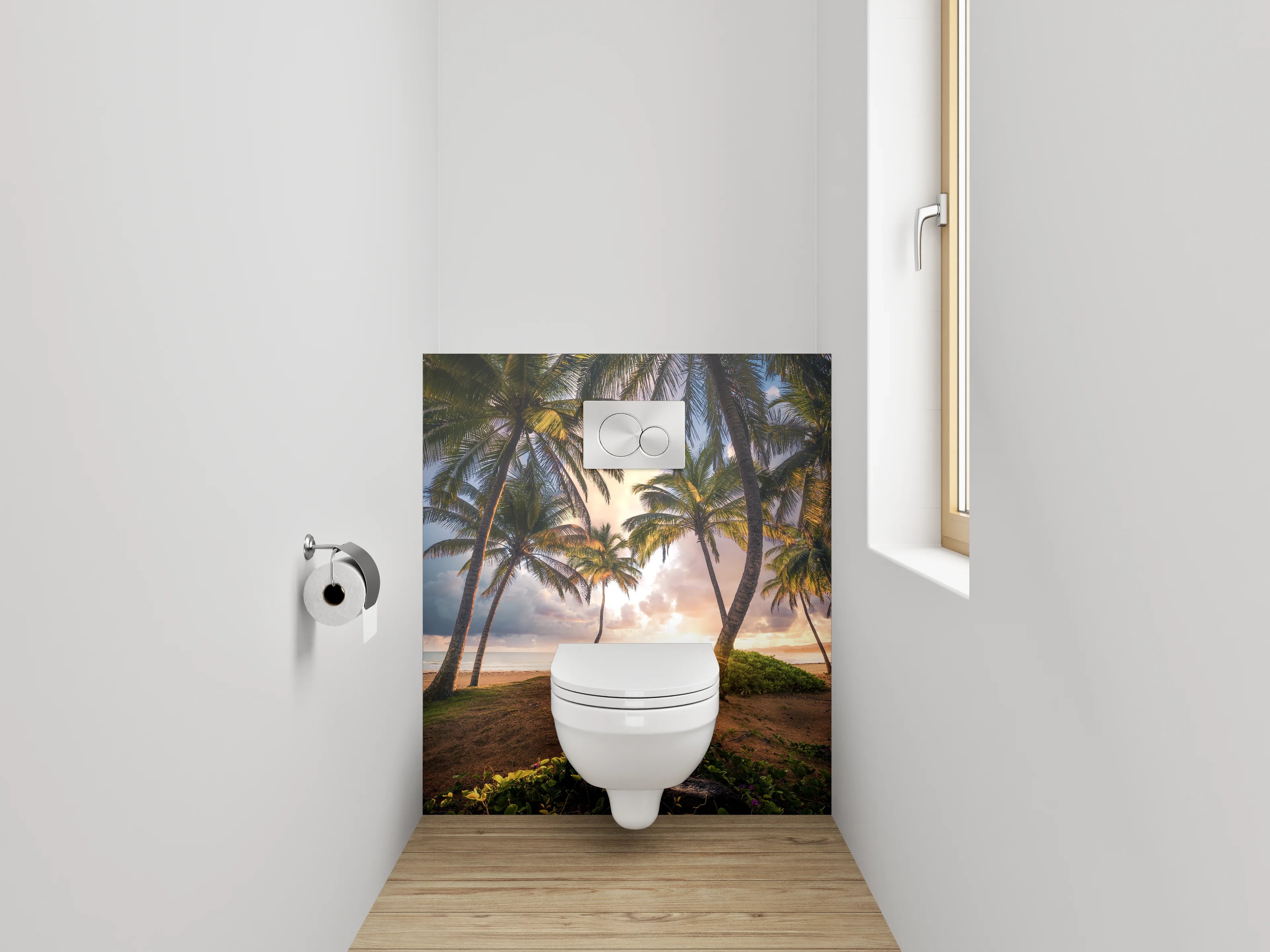 WC-Rückwand - Palmenstrand bei Sonnenuntergang