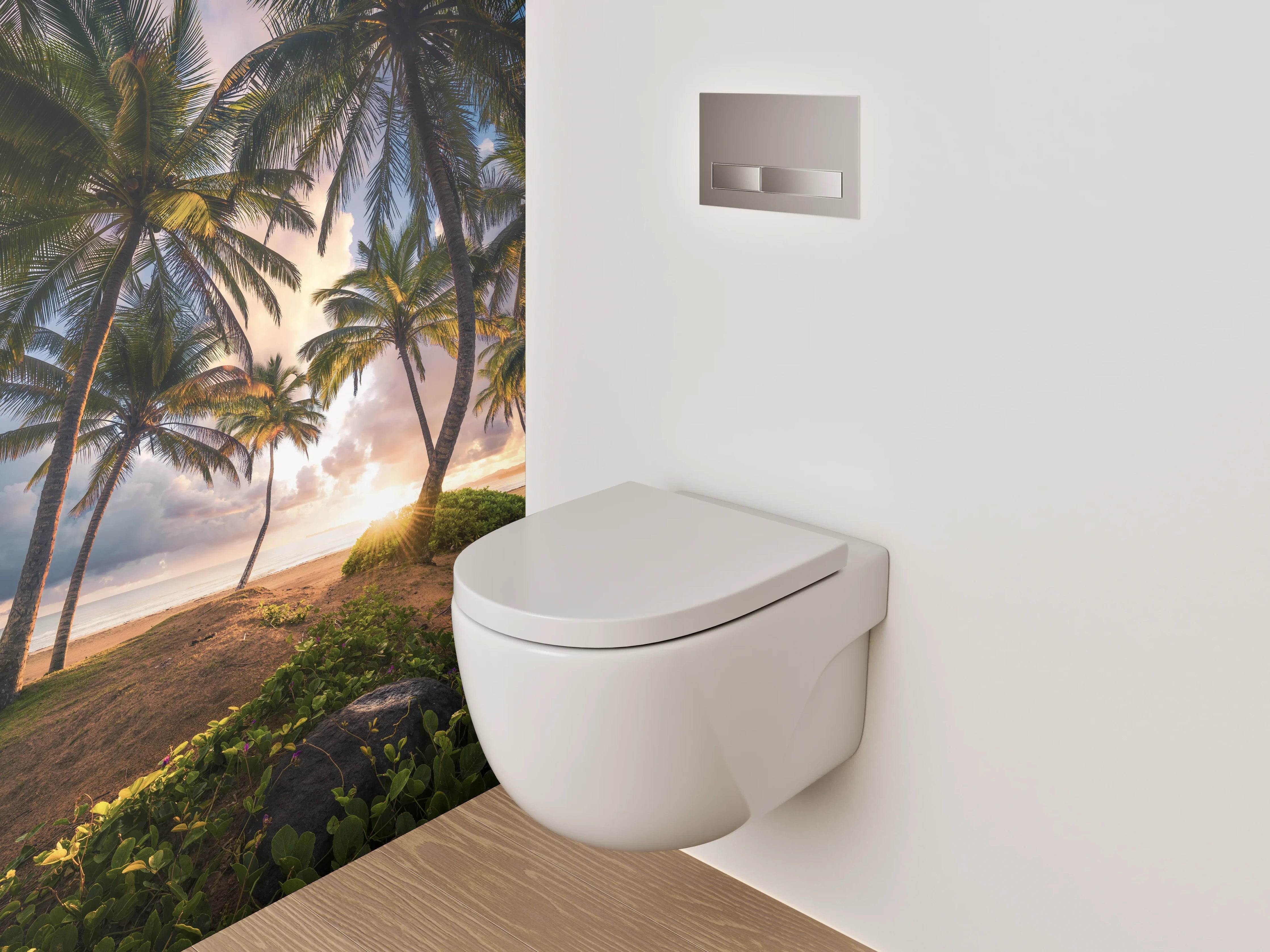 WC-Rückwand - Palmenstrand bei Sonnenuntergang