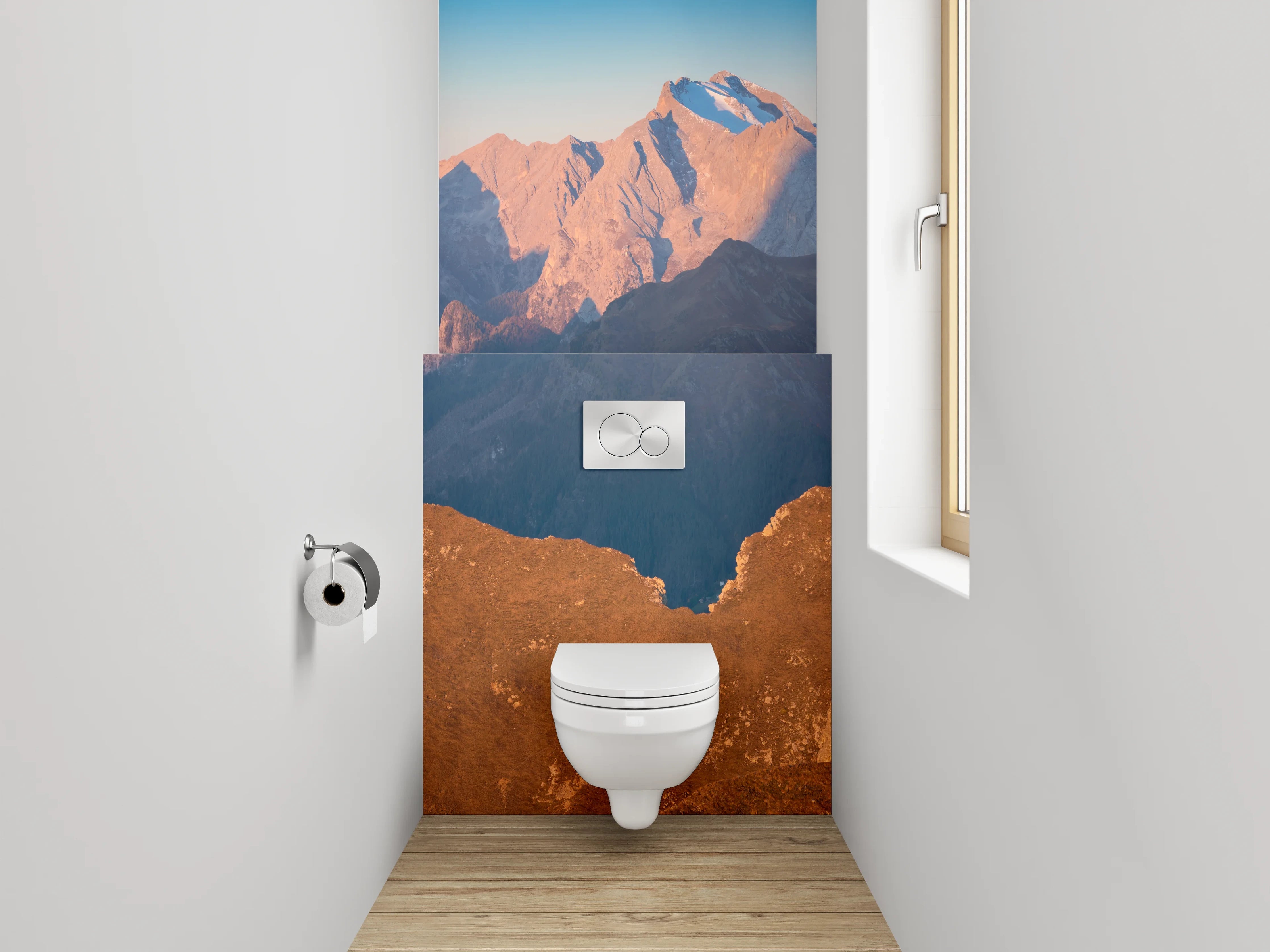 WC-Rückwand - Panorama Alpen Berge Sonnenuntergang