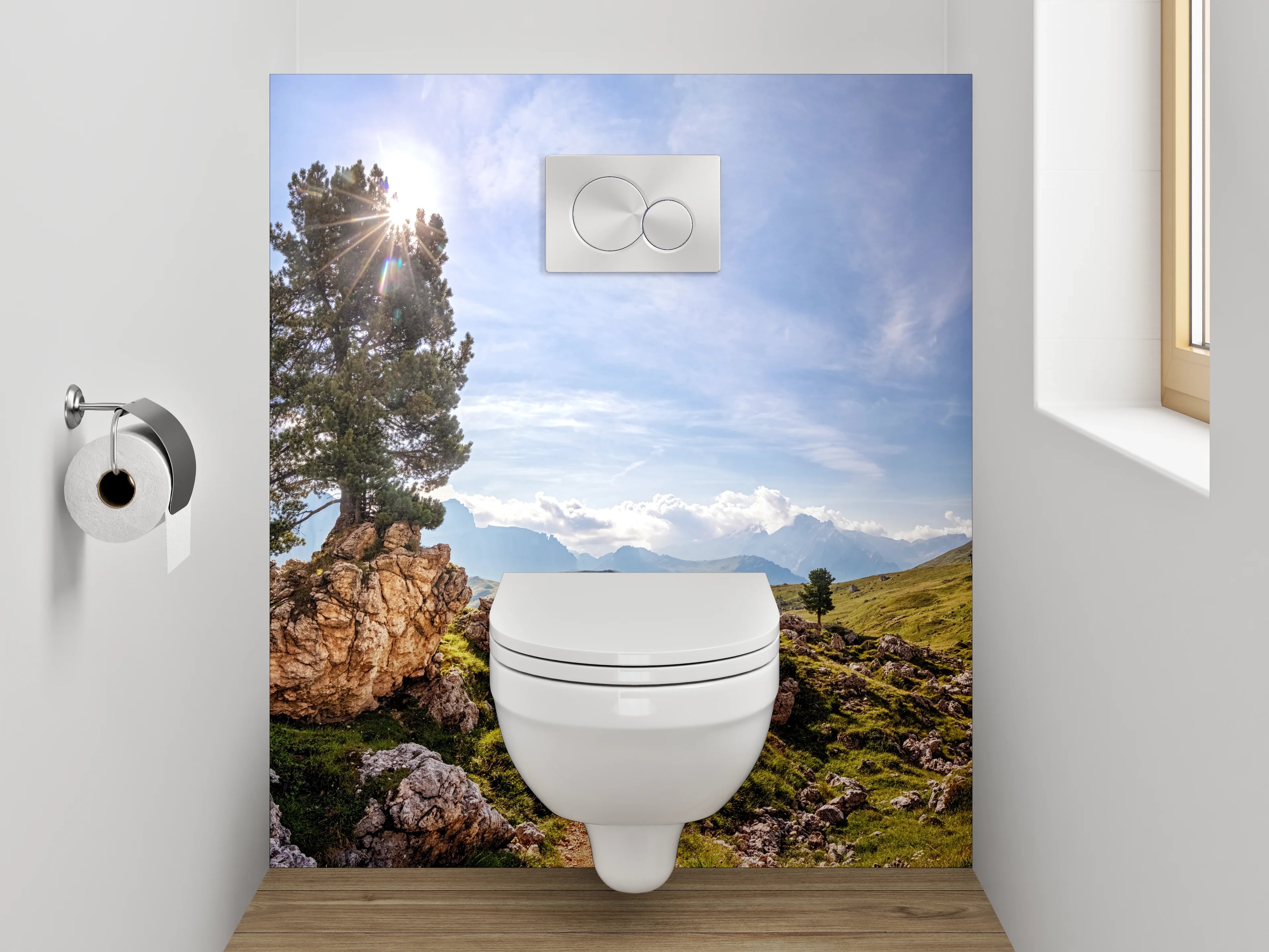 WC-Rückwand - Panorama-Alpenlandschaft mit Baum