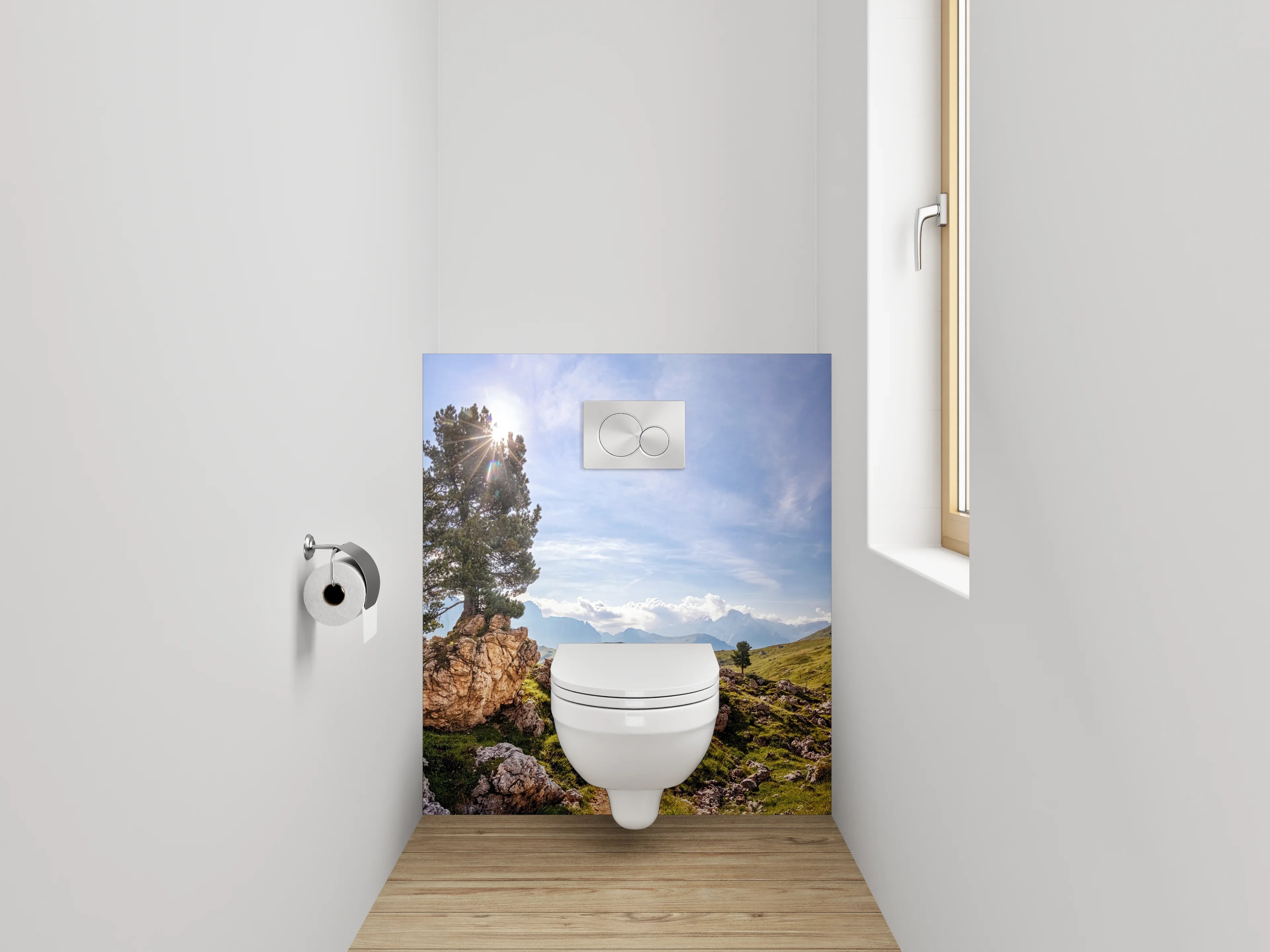 WC-Rückwand - Panorama-Alpenlandschaft mit Baum