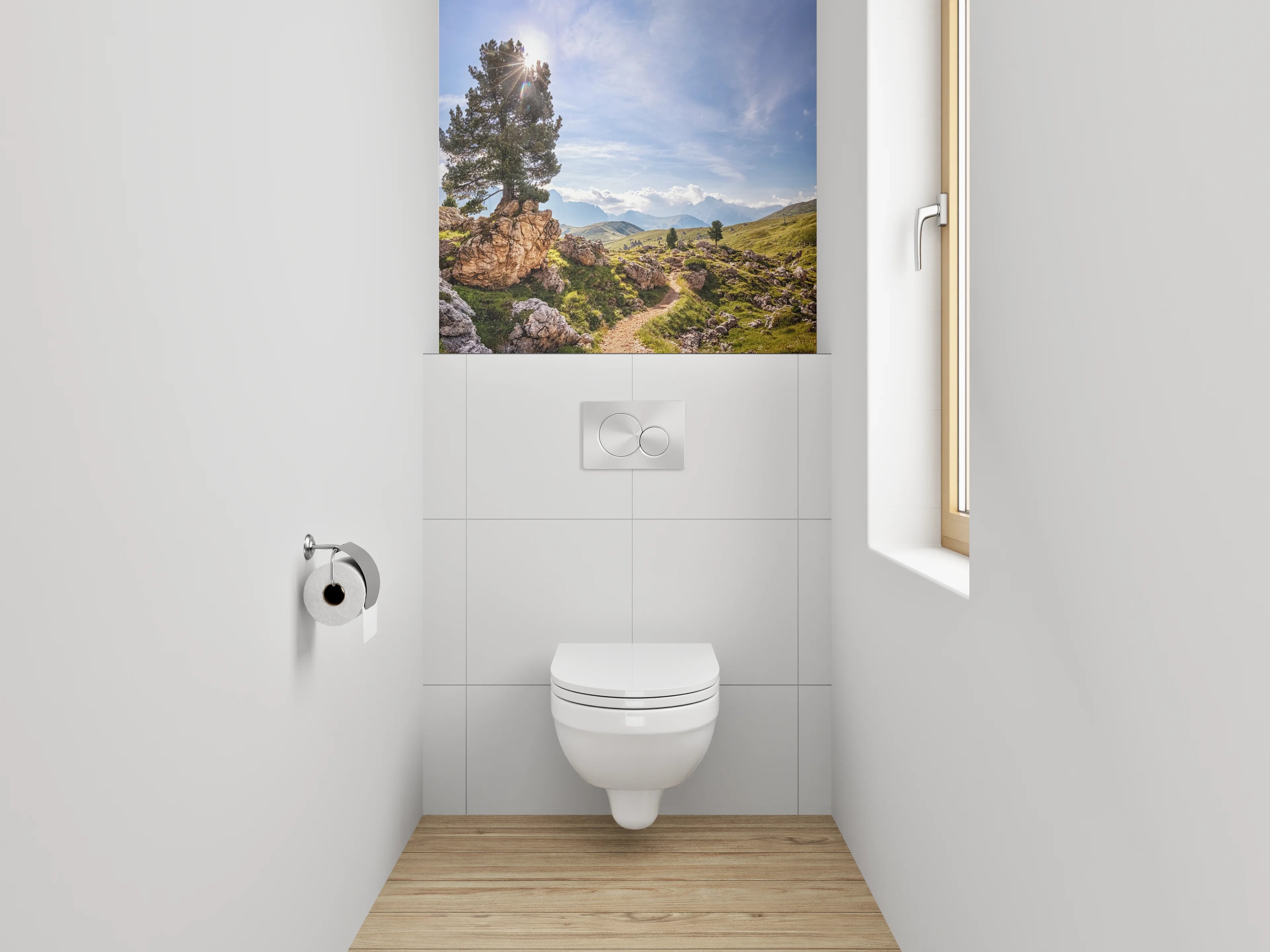 WC-Rückwand - Panorama-Alpenlandschaft mit Baum