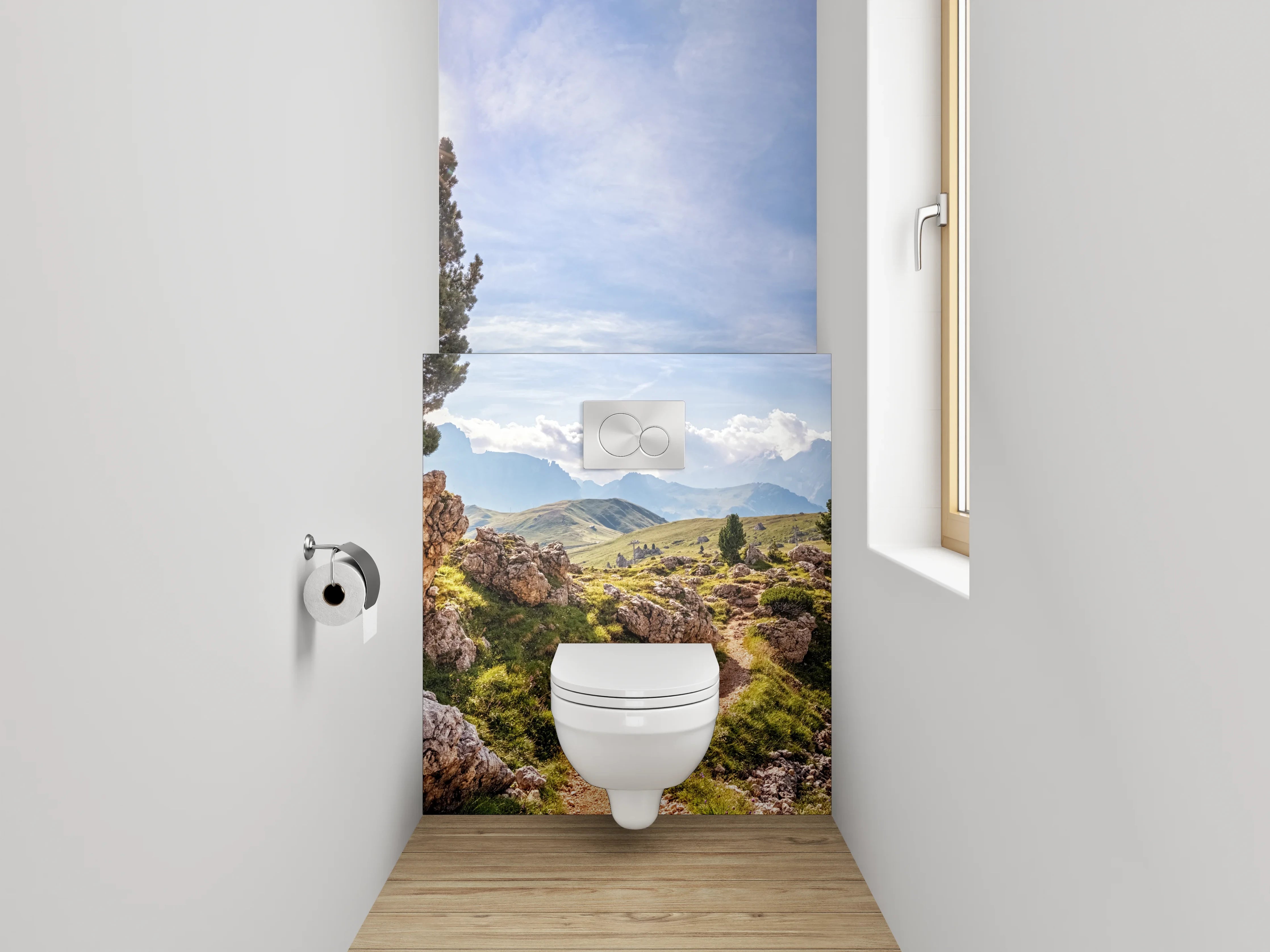 WC-Rückwand - Panorama-Alpenlandschaft mit Baum