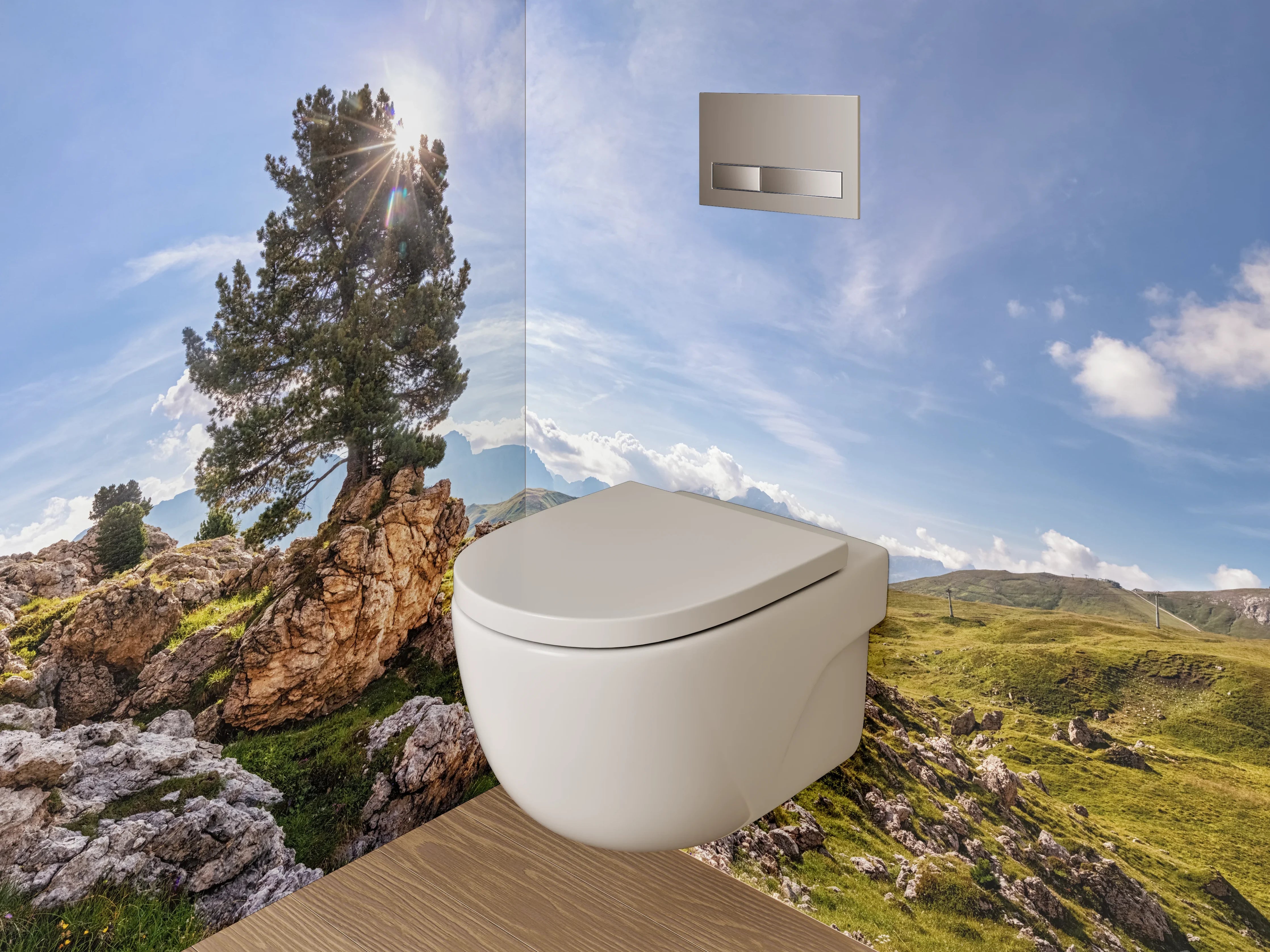 WC-Rückwand - Panorama-Alpenlandschaft mit Baum
