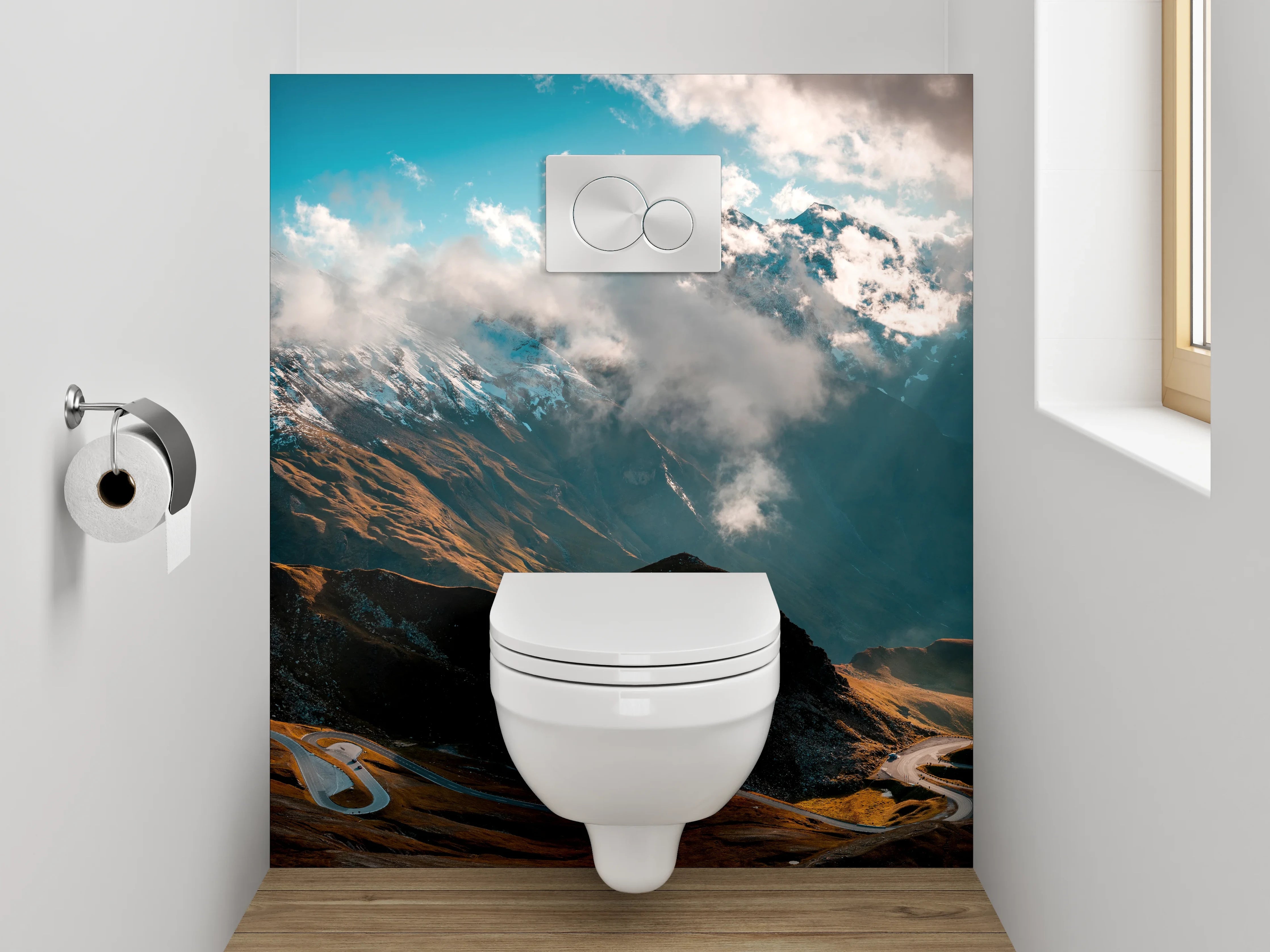 WC-Rückwand - Panorama Alpenstraße und Wolken